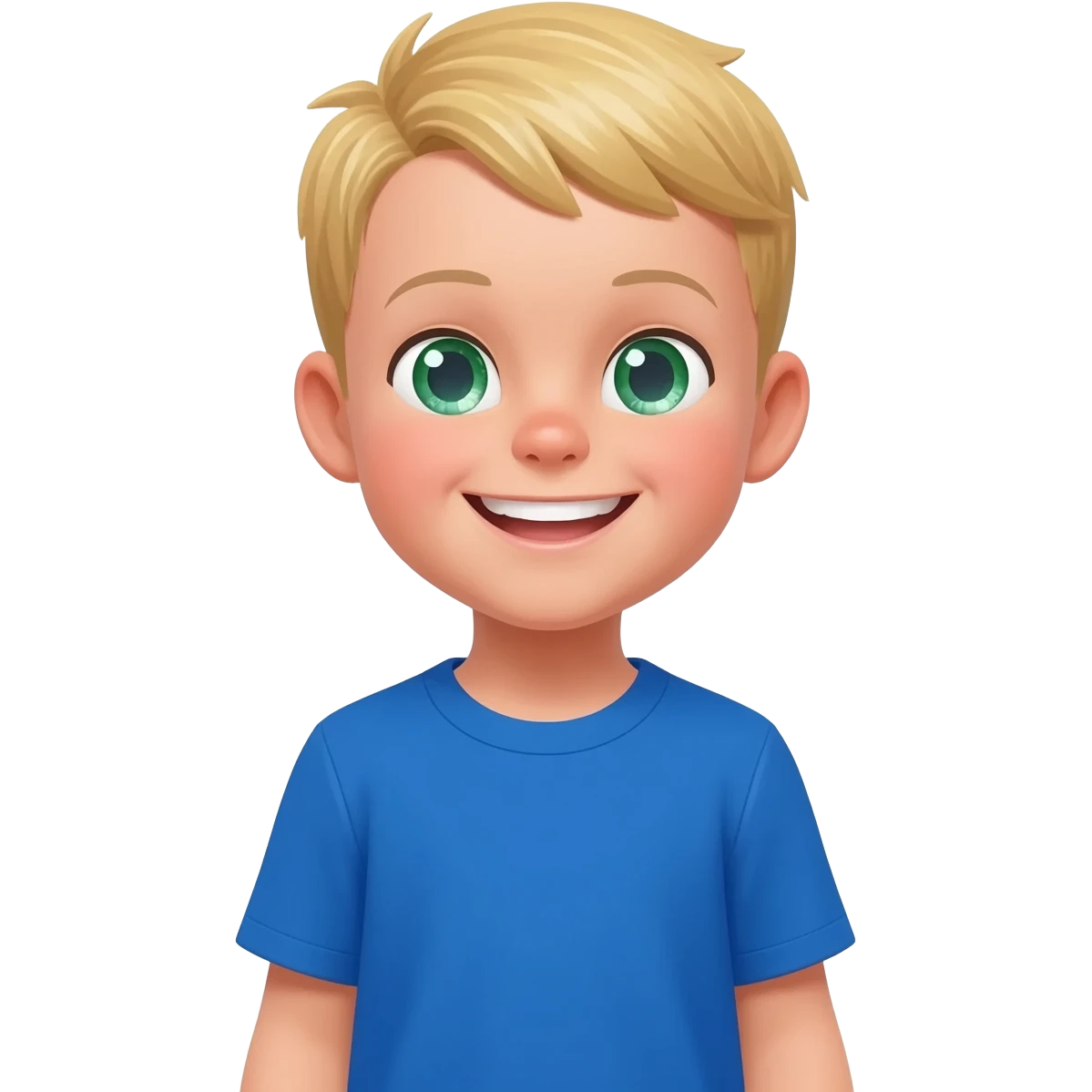 Use the same 3 year old blonde boy with green-blueish eyes as before  happy getting dressed, putting on a blue tshirt emoji