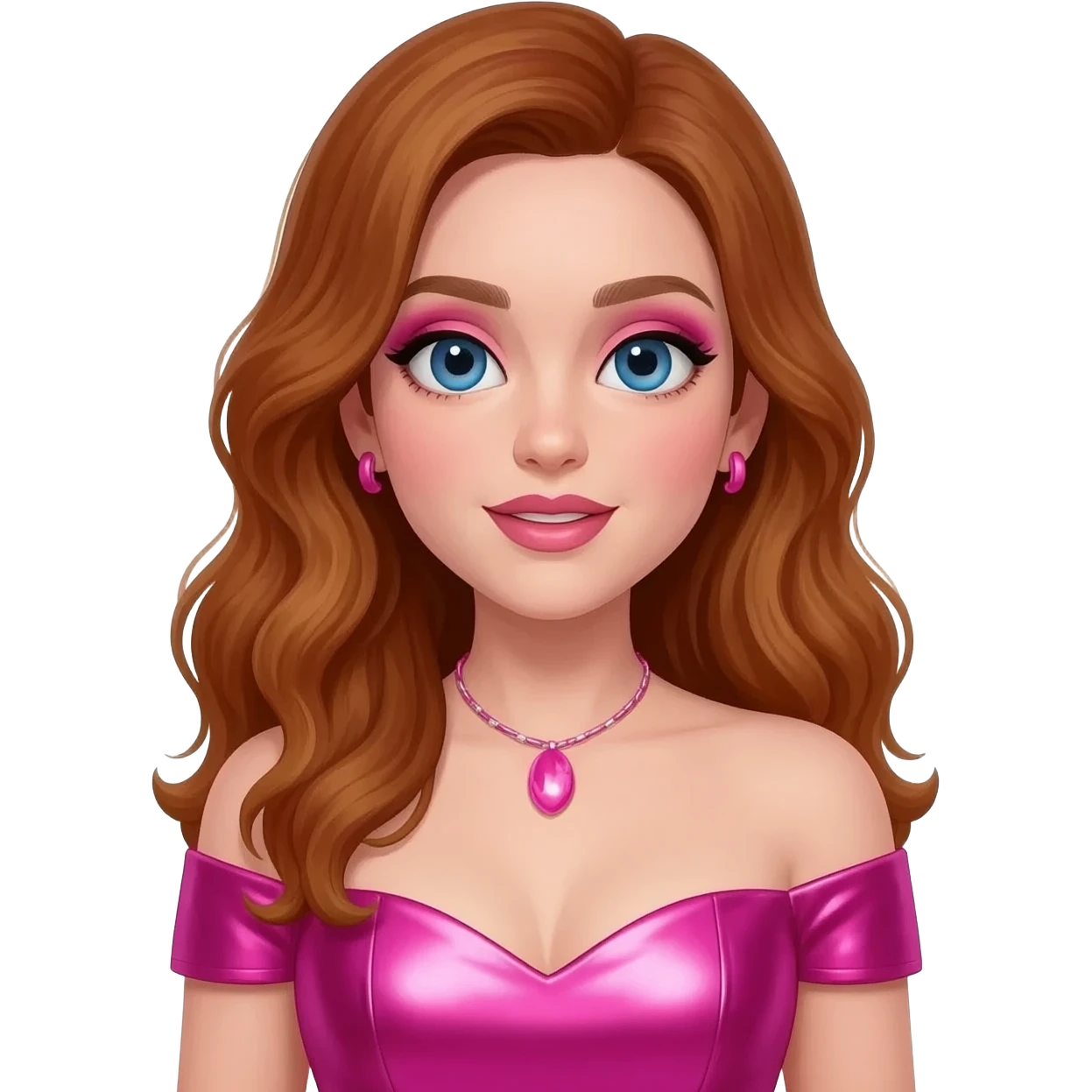 Chappell Roan, Pop Singer (b.1998) with blue eyes, pink makeup, long auburn wavy hair, hot pink metallic sweetheart off shoulder dress, pink necklace and short earrings emoji
