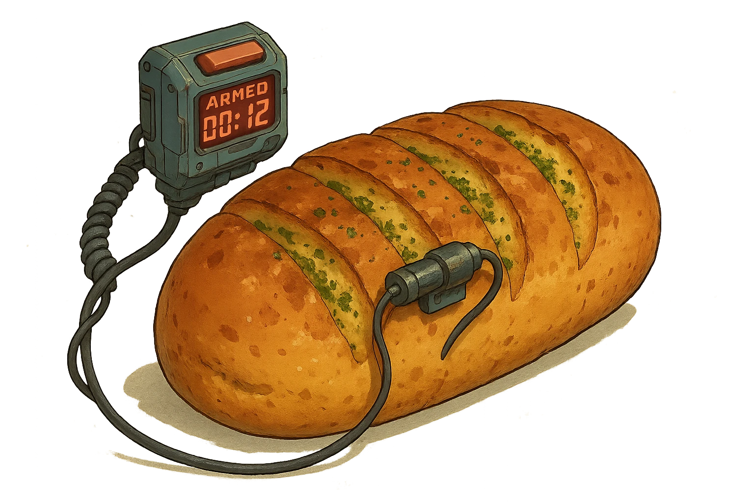 a thermonuclear hand held grenade IED, futuristic cyberpunk. The primed exlosive is garlic bread. small detonator attached to large loaf emoji