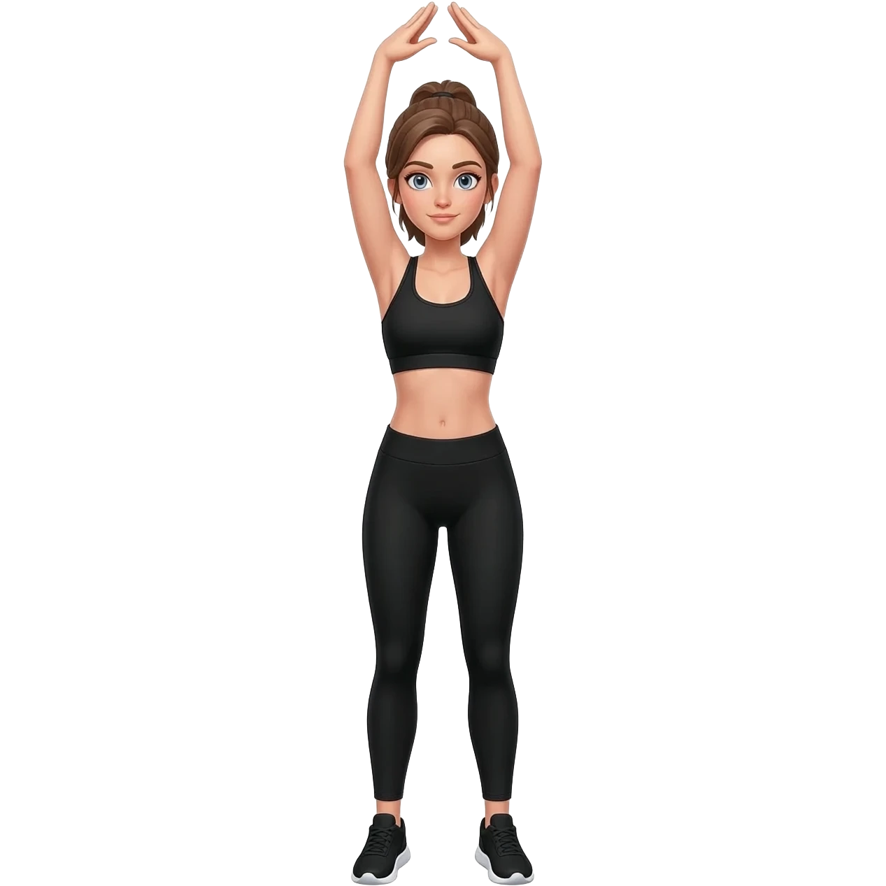 standing stretch with arms overhead, fair-skinned woman, light gray-blue eyes, ash brown brows, ash light brown hair tied back, slim athletic body, black workout set, black sneakers with white soles emoji