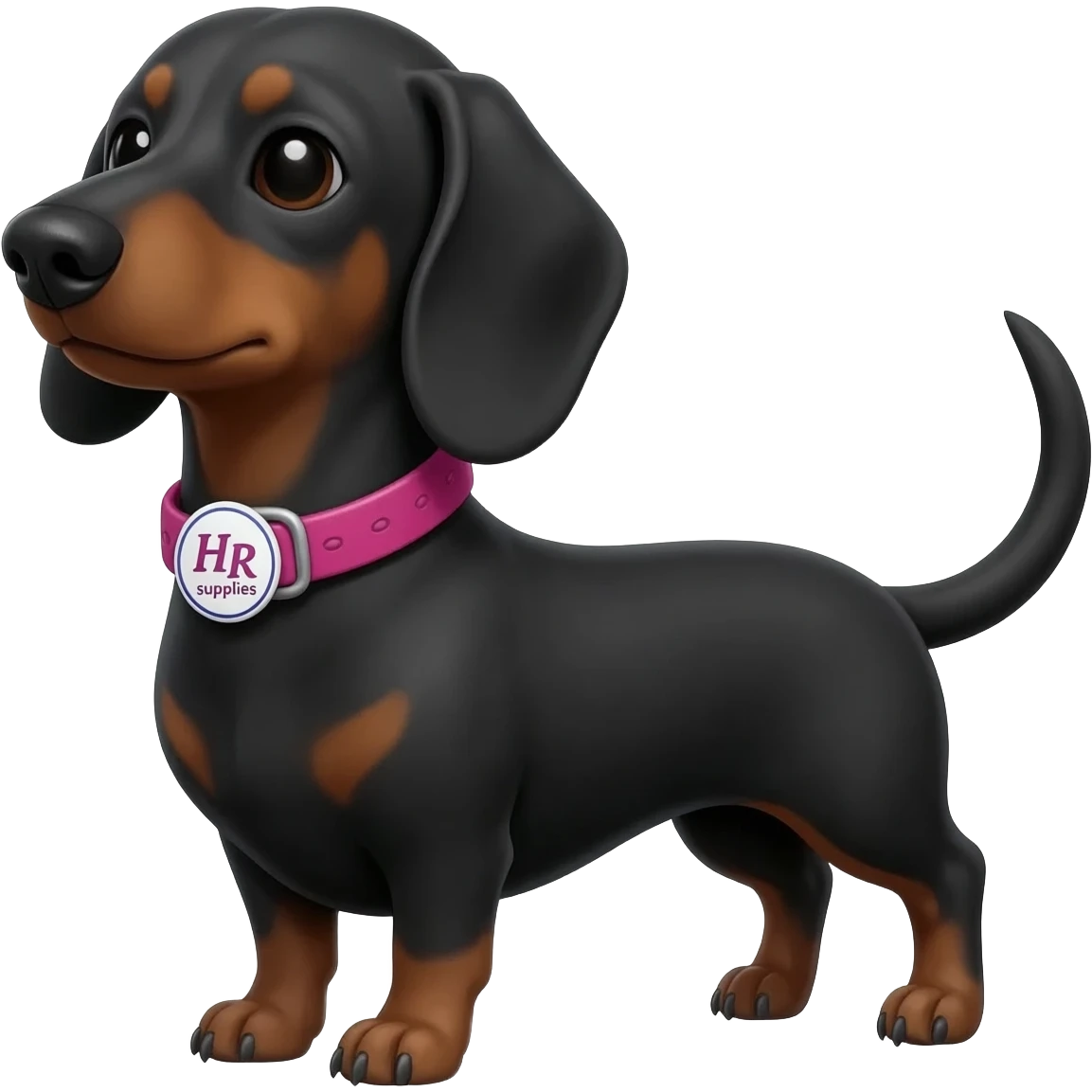 Perrita salchicha de color negro, con un collar de color fucsia que en su placa diga HR suministros. Para promocionar mi ferretería emoji