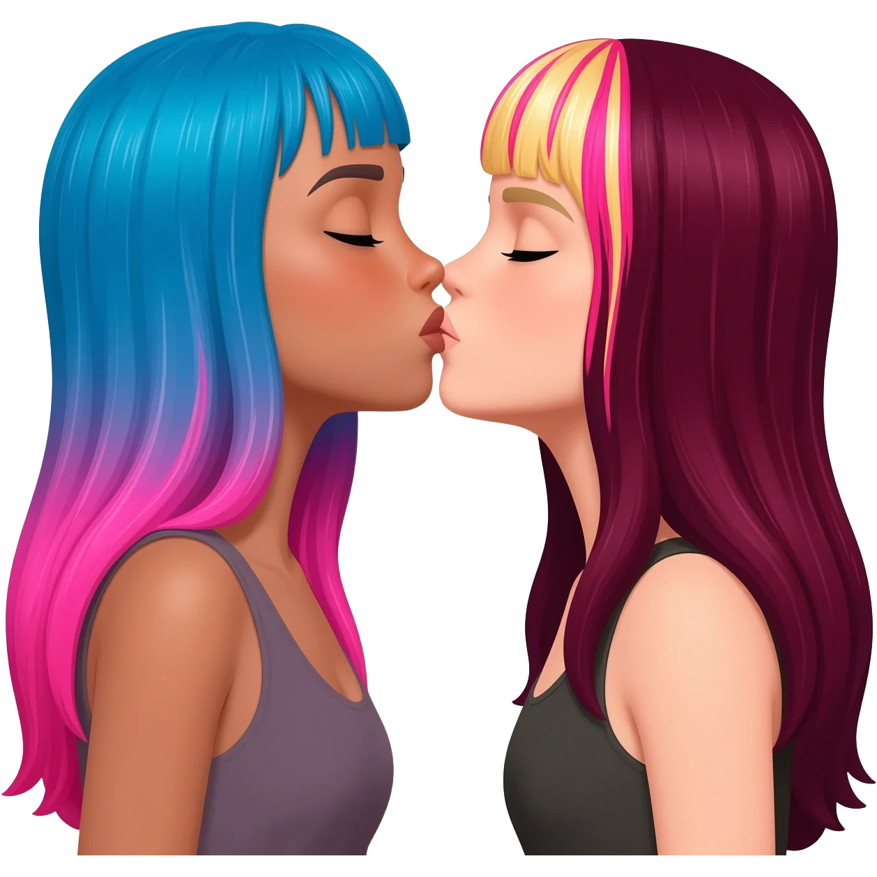 femme lesbians kissing, both pale white, one has long blue and pink hair, the other has long burgundy hair with streaks of blonde and pink at the front emoji