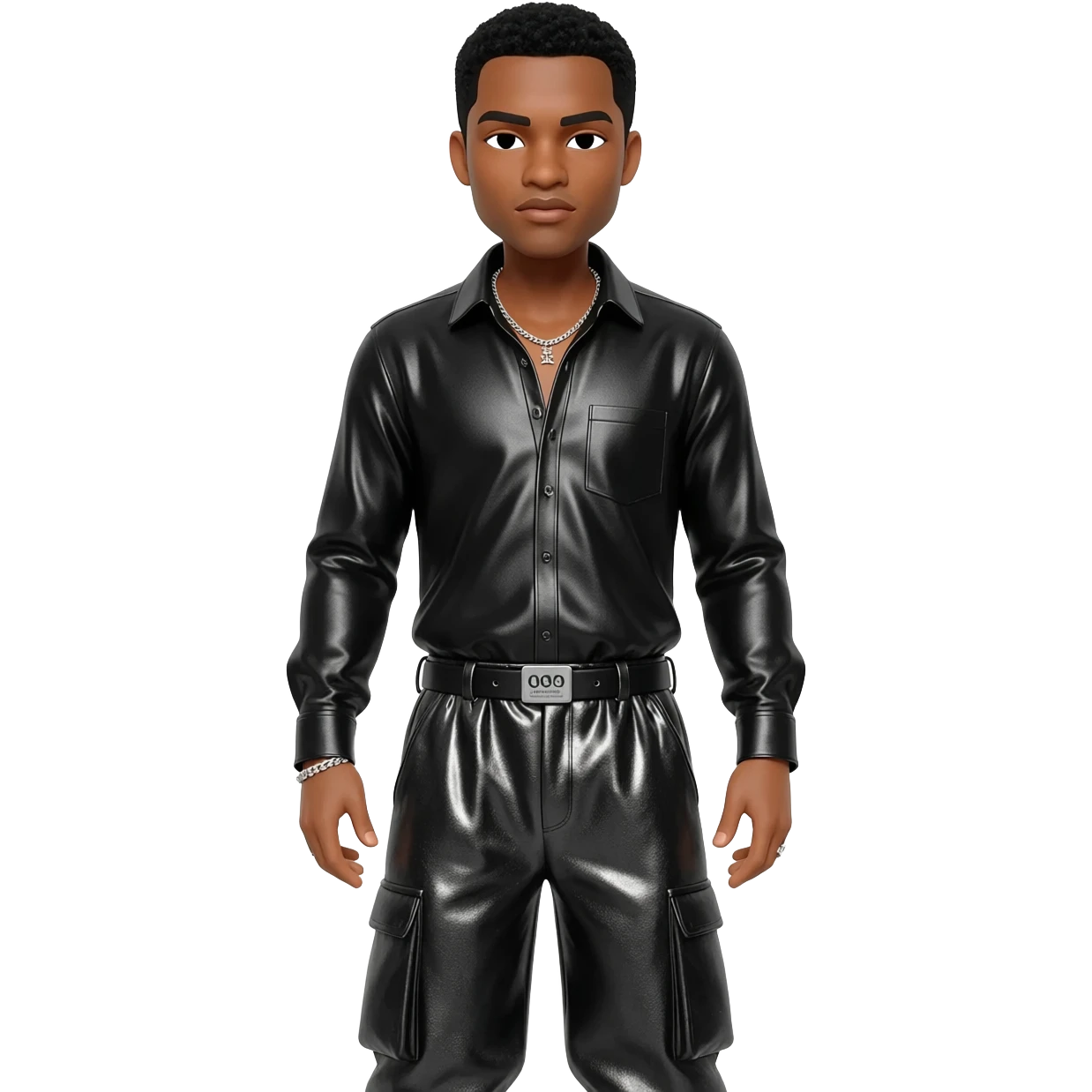 Keith Sweat, R&B Singer with black short hair, black metallic shirt, black metallic baggy pants, silver necklace emoji