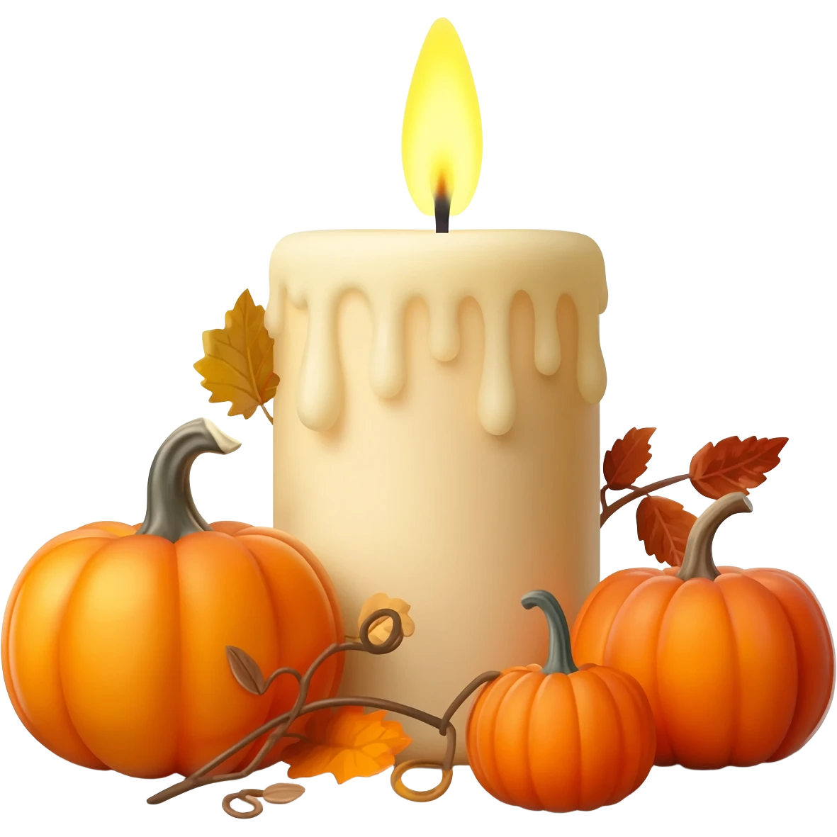 Small tiny pumpkins, vines, leaves, one big candle, autumn vibes aesthetics  emoji
