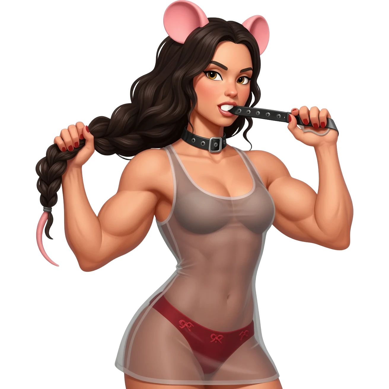 strong woman in a transparent dress and red underwear. she has rat tail and rat ears. her hair is very long and curly. she fixes her hair with one hand, in the second hand she holds a gag emoji