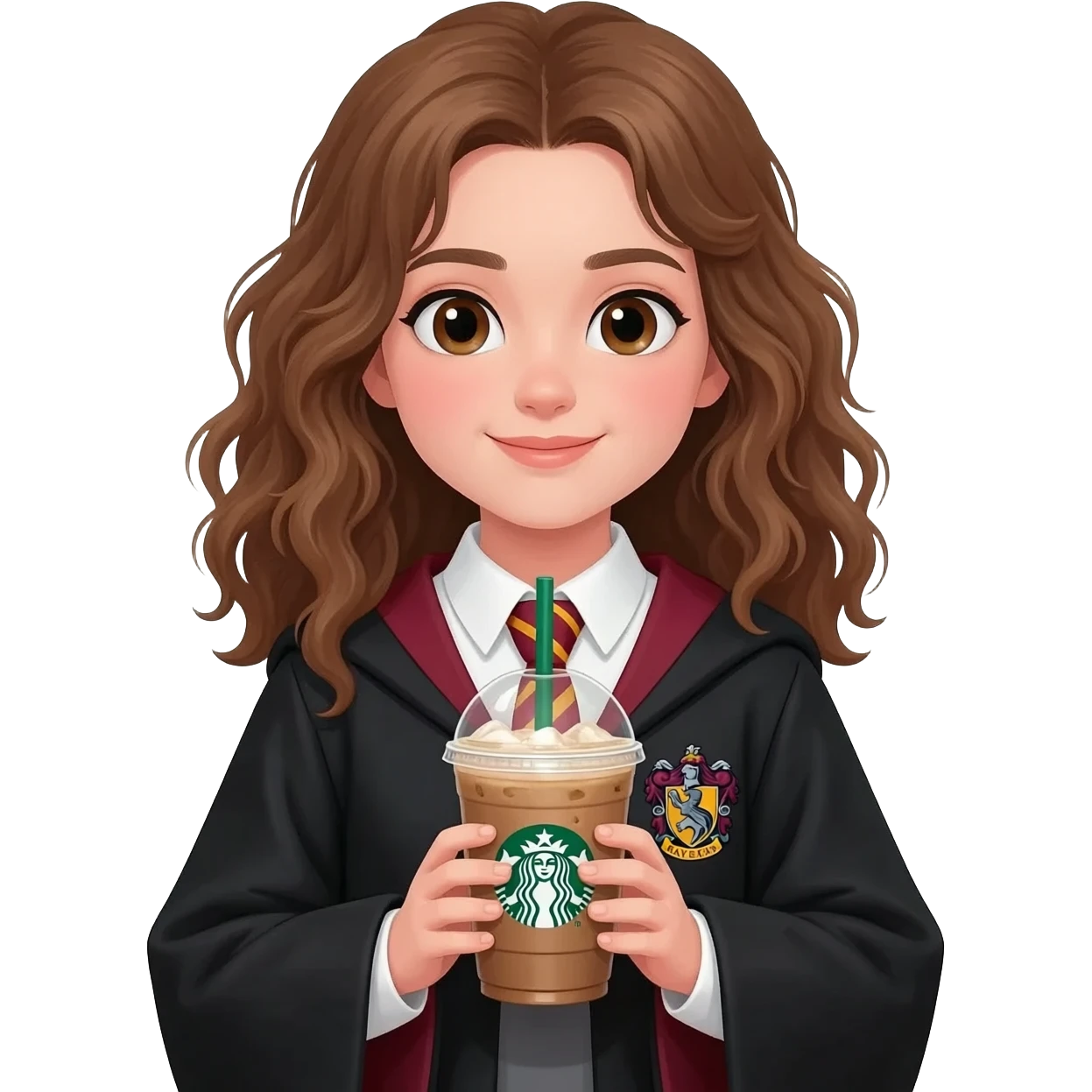 a girl with messy wavy hair in a Ravenclaw robe, she's holding an ice starbucks americano in her hands emoji