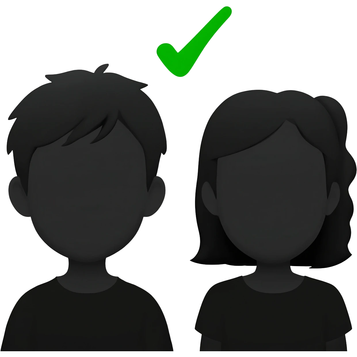 silhouette of a boy and girl portraits from the front without colour with a green check mark emoji