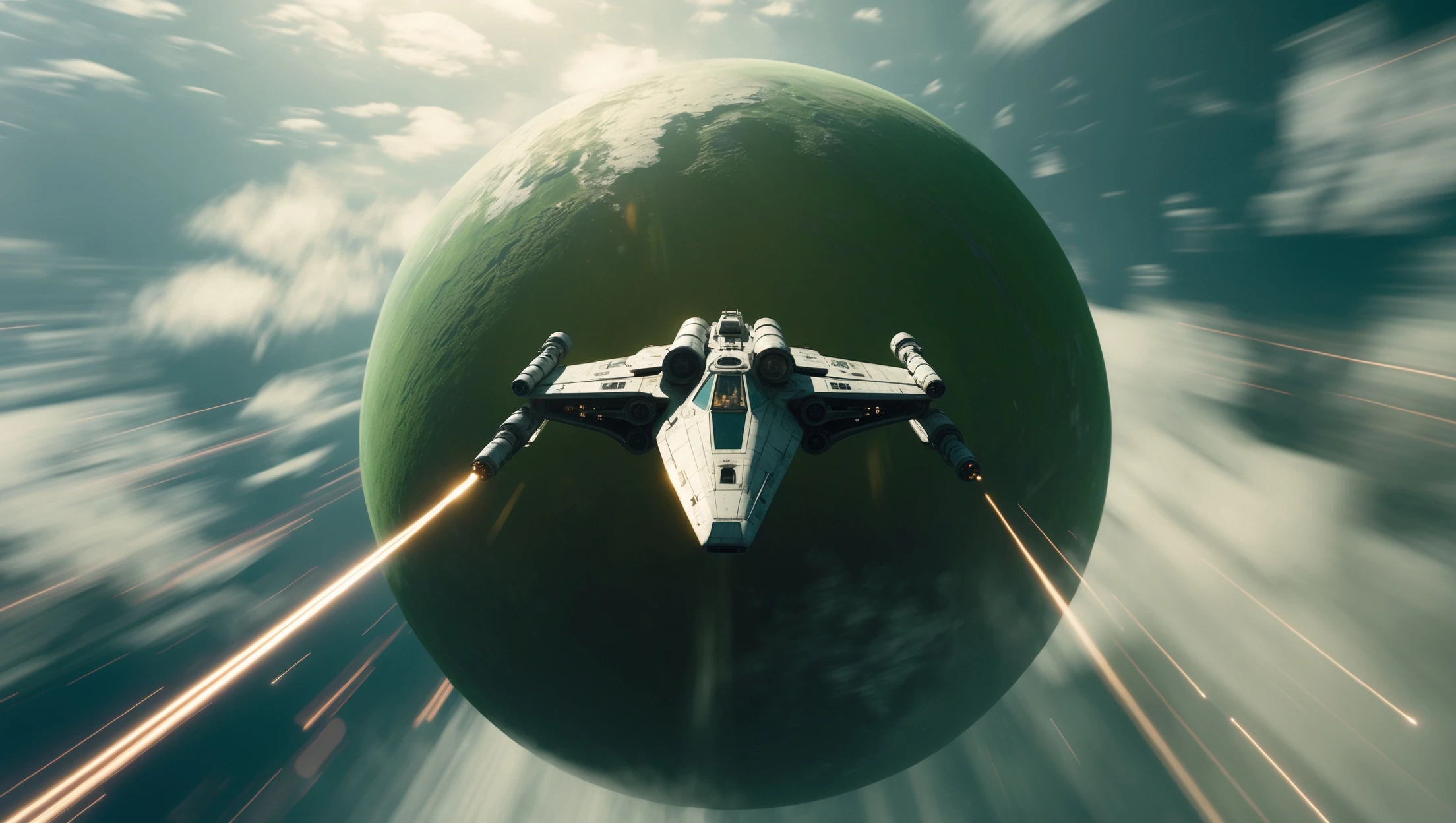 cinematic still, motion blur shutter speed, establishing shot, shot from top, entire globe green planet, single starship coming to planet, inspired by StarWars movie, captured by arri alexa  emoji