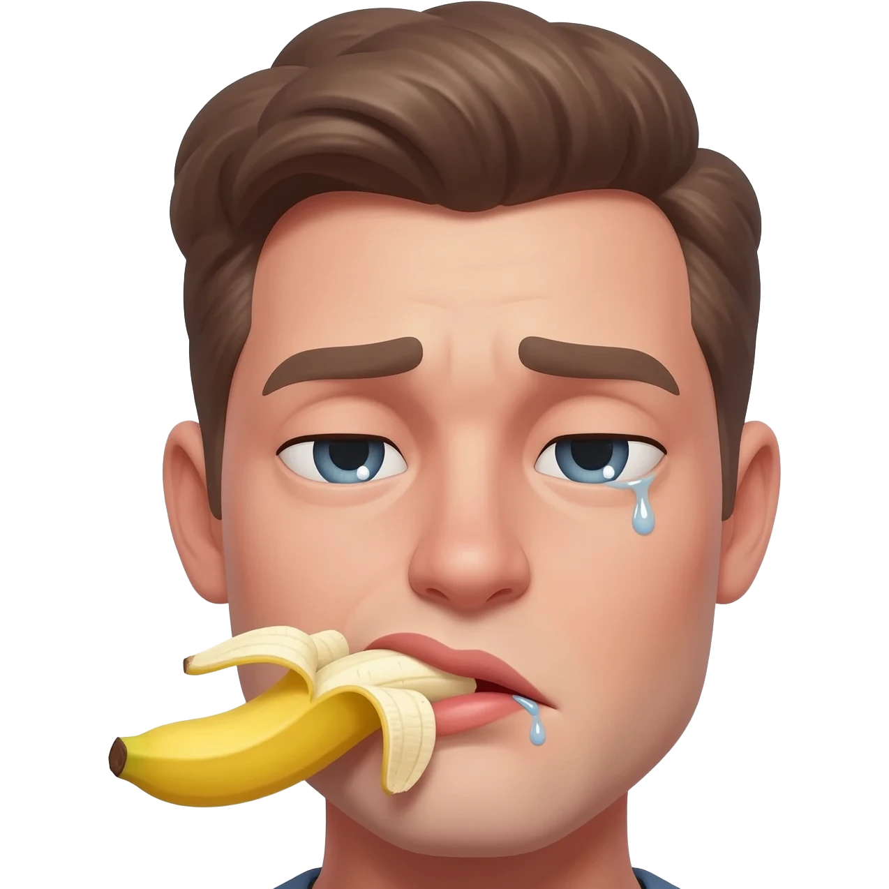 thirty year old guy with his lips closed around the tip of a peeled huge banana  drooling from one side of his mouth and and tear in one eye emoji