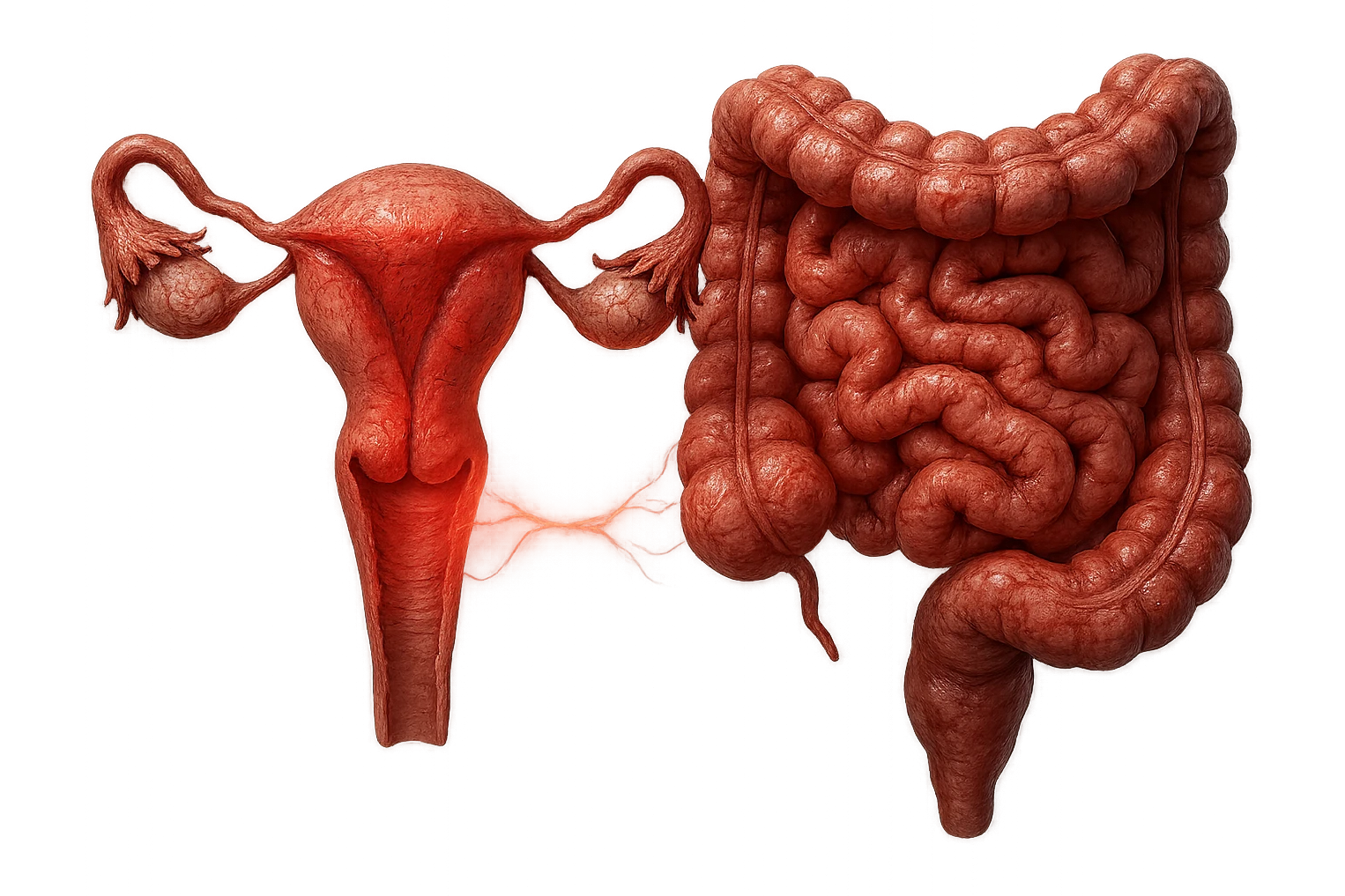 utero umano anatomico iperrealistico e intestino umano anatomico iperrealistico hanno in comune il dolore e l'infiammazione, rendi bene il collegamento tra i due organi doloranti, falla iperrealistica, non disegnata emoji