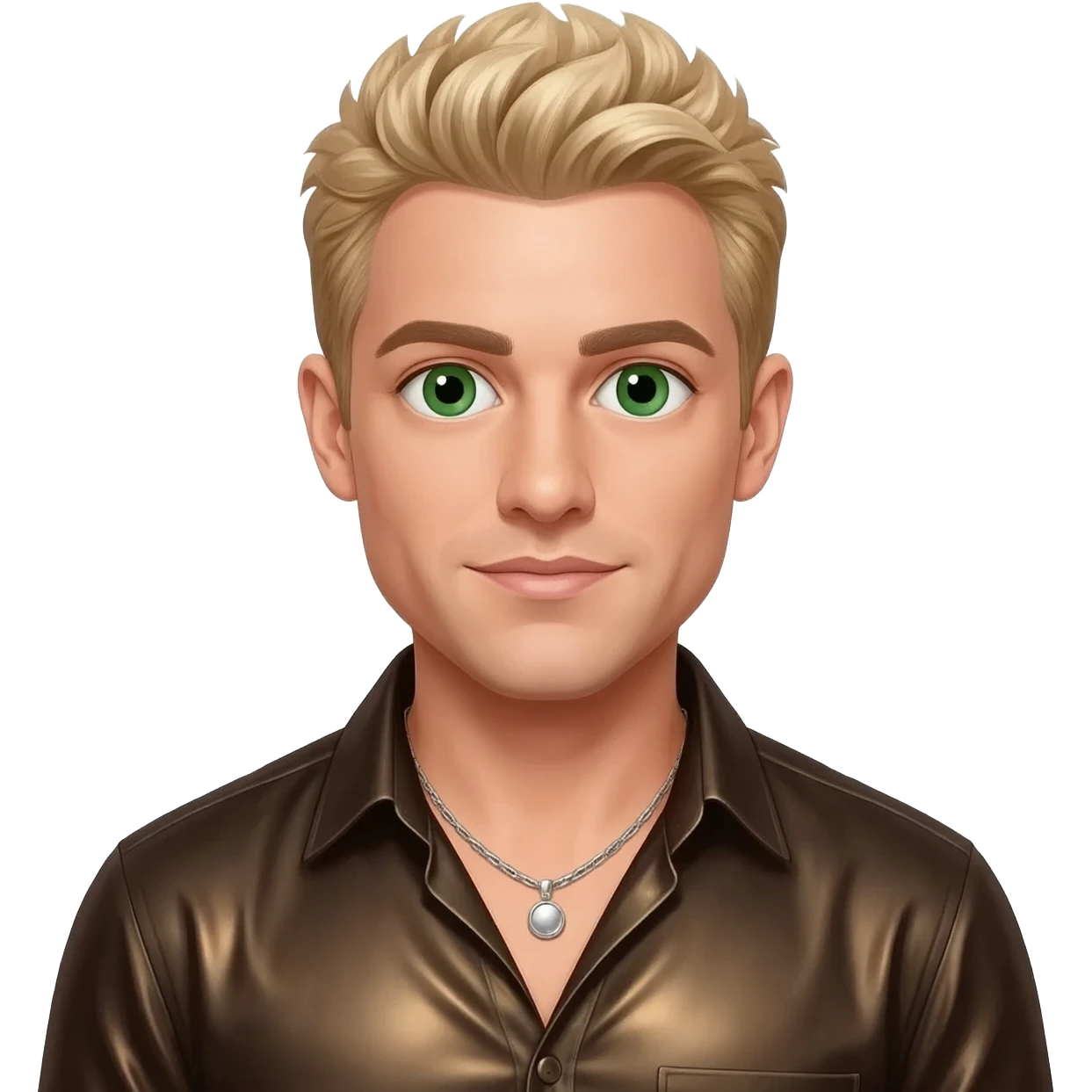 Lance Bass from N'Sync with green eyes, blonde hair, dark brown metallic shirt, silver necklace emoji
