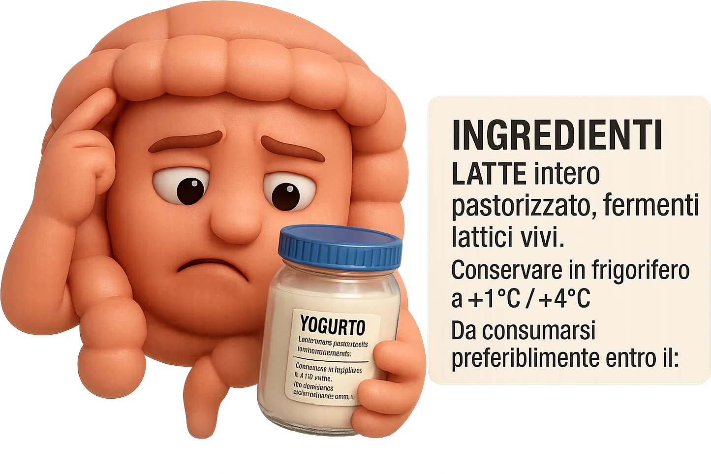 SU QUESTO STILE FAI UN EMOJI STILE IPHONE 3D DI UN INTESTINO CHE HA IN MANO UN BARATTOLO DI YOGURT CONFEZIONATO DA SUPERMERCATO E LEGGE L'ETICHETTA NUTRIZIONALE CON GLI INGREDIENTI IN ITALIANO, ACCANTO ALLO YOGURT CHE HA IN MANO C'è UN FOCUS SULL'ETICHETTA CON GLI INGREDIENTI SCRITTI, FAGLI UN ESPRESSIONE CONFUSA MENTRE LEGGE E FALLO MOLTO REALISTICO IN 3D emoji