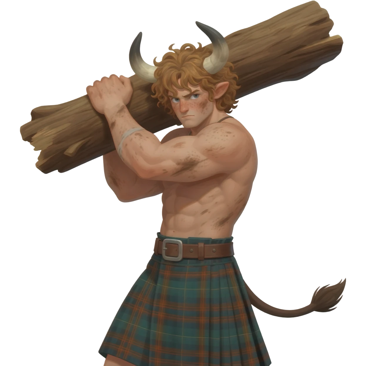 buff curly hairy man covered in dirt with freckles with messy light brown bangs that covers his face completely with bull horns and bull ears and bull tail dressed in kilt lifting large log with wind in his hair with belt around his chest emoji