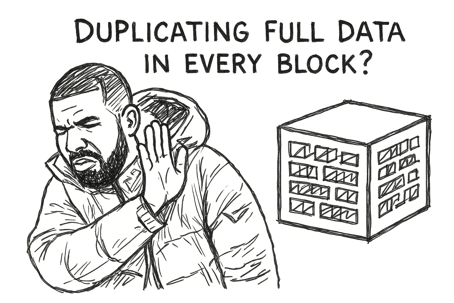 Drakeposting meme, top panel, Drake rejecting traditional full data duplication in blockchain blocks, caption: 'Duplicating full data in every block?' emoji