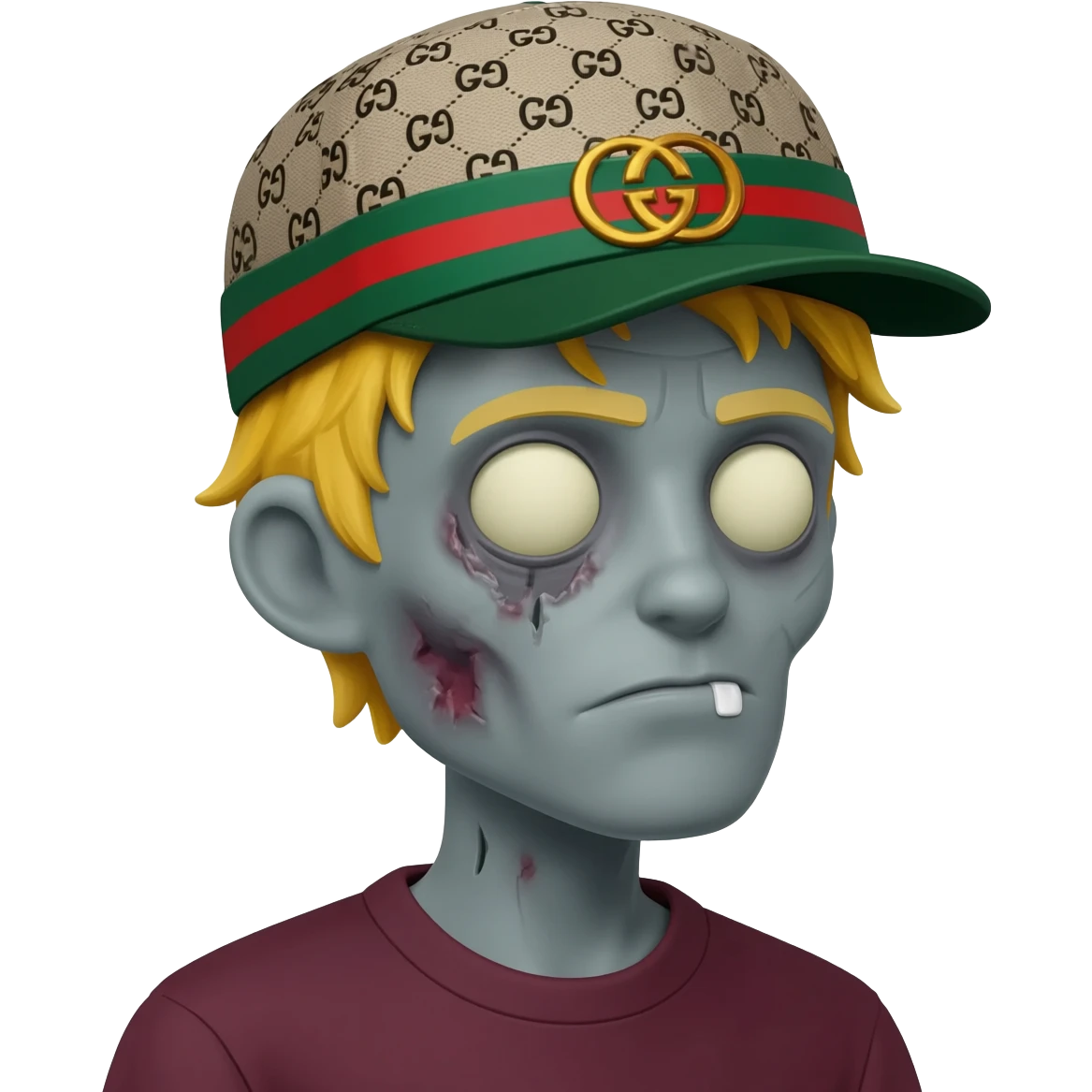 cor de pele cinza, zumbi com o cabelo loiro e um boné da gucci virado de lado emoji