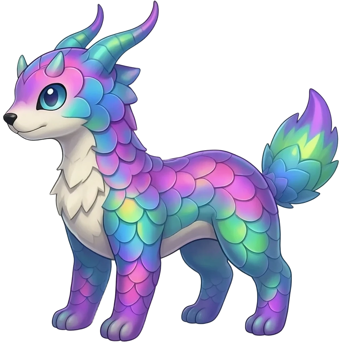 Colorful scaly flurry Latias-Vernid-Lombax-Renamon-Zeraora-Bastet-Fakémon-hybrid-fusion-creature, full body emoji