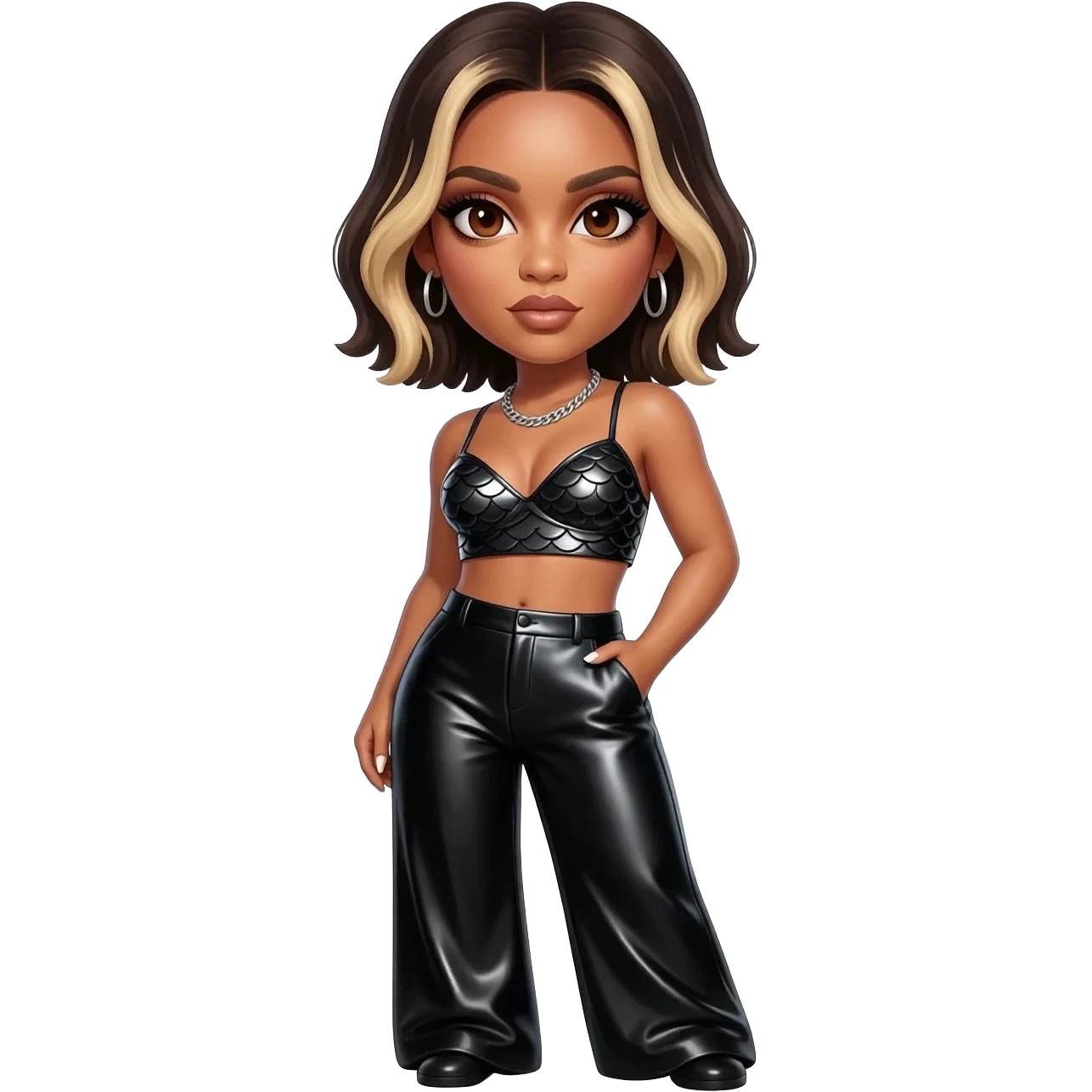 Ciara, R&B Singer with dark brown eyes, dark brown short hair with blonde highlights, black metallic mermaid crop top, black metallic wide leg pants, silver necklace and earrings emoji