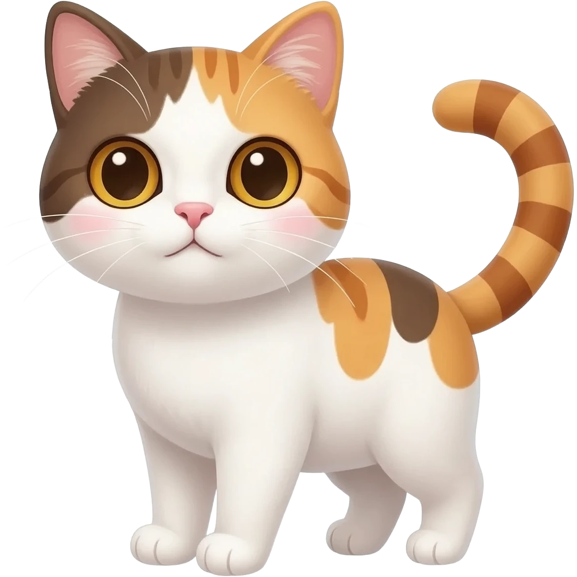 detailed emoji illustration of a cute white cat with brown and ginger patches standing and looking forward, striped ginger tail, soft rounded shapes, adorable expression, cute emoji style emoji