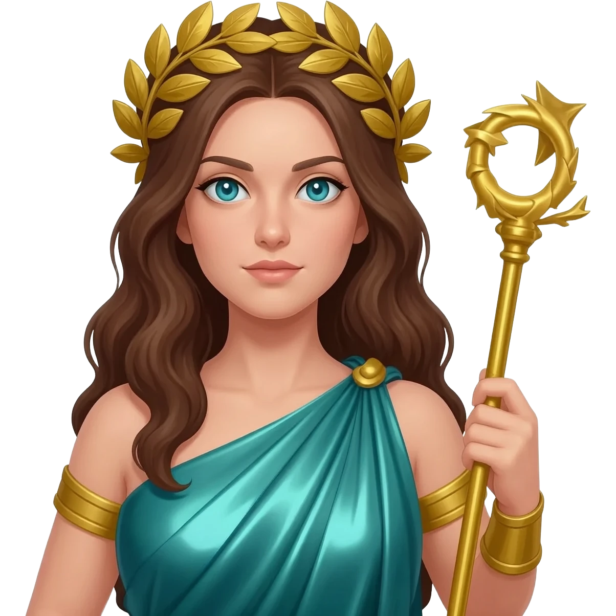 Juno from Roman Mythology with cyan-blue eyes, long brown hair, teal metallic peplos emoji