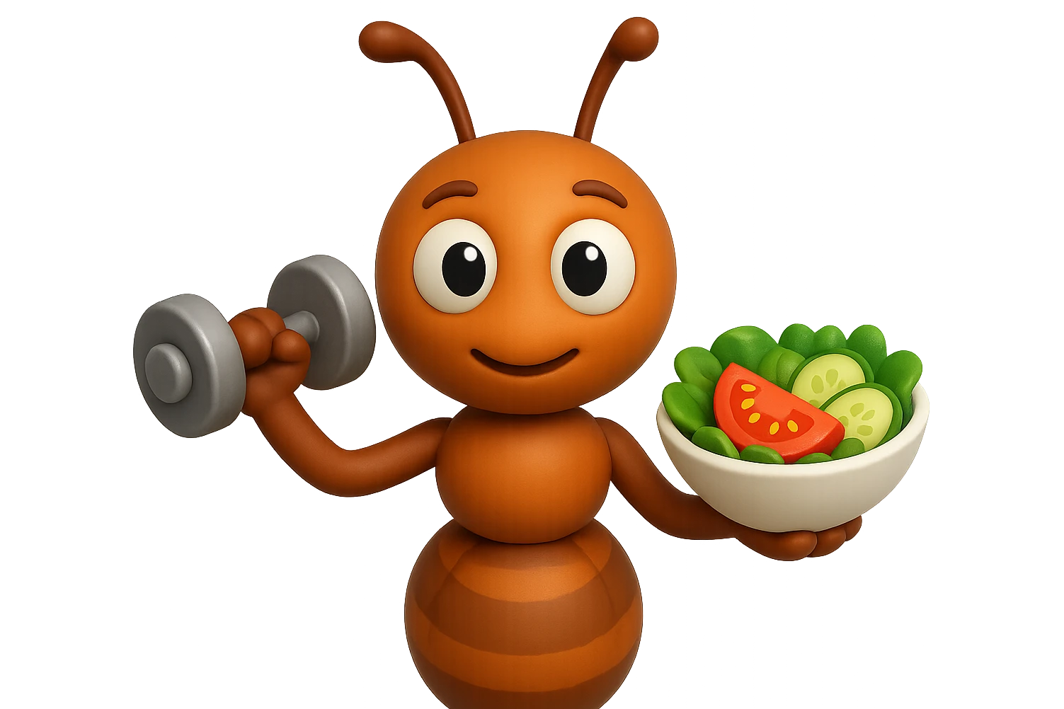 EMOJI STILE IPHONE 3D DI UNA formica CHE ha un manubrio da palestra nella mano destra e un insalata nella mano sinistra, FAGLI GLI OCCHI CON LA PARTE BIANCA, NON SOLO LA PUPILLA emoji