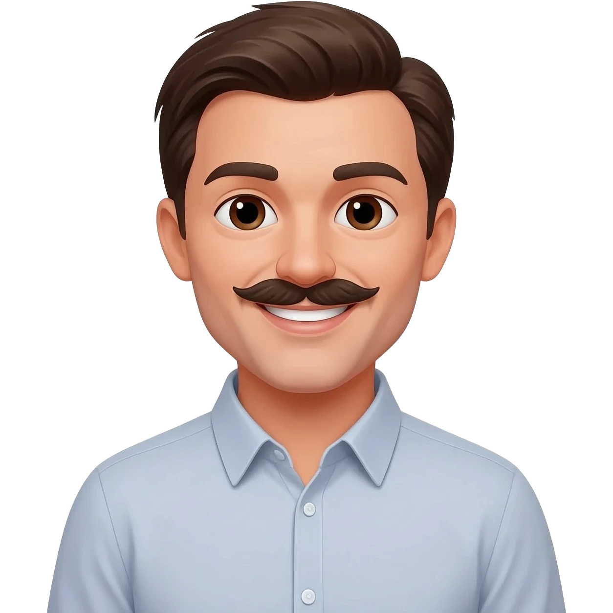 create an emoji of a man, pale skin (at least not tanned), smile. he looks like an English gentelman, dark brown short hair, a moustache dark brown eyes, natural lips. he wears a nicely arranged shirt emoji