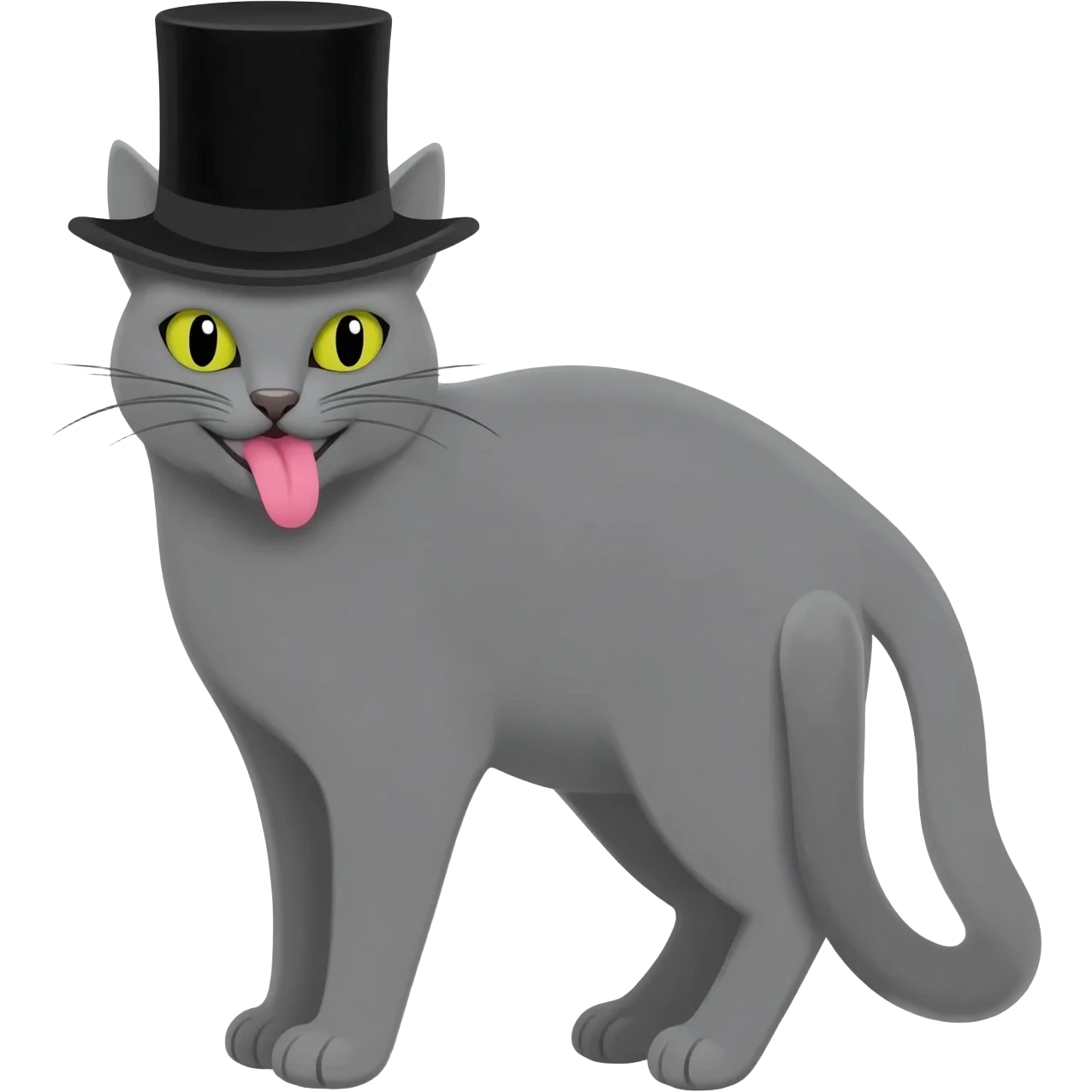 Grey cat with a top hat and it's tounge sticking out emoji