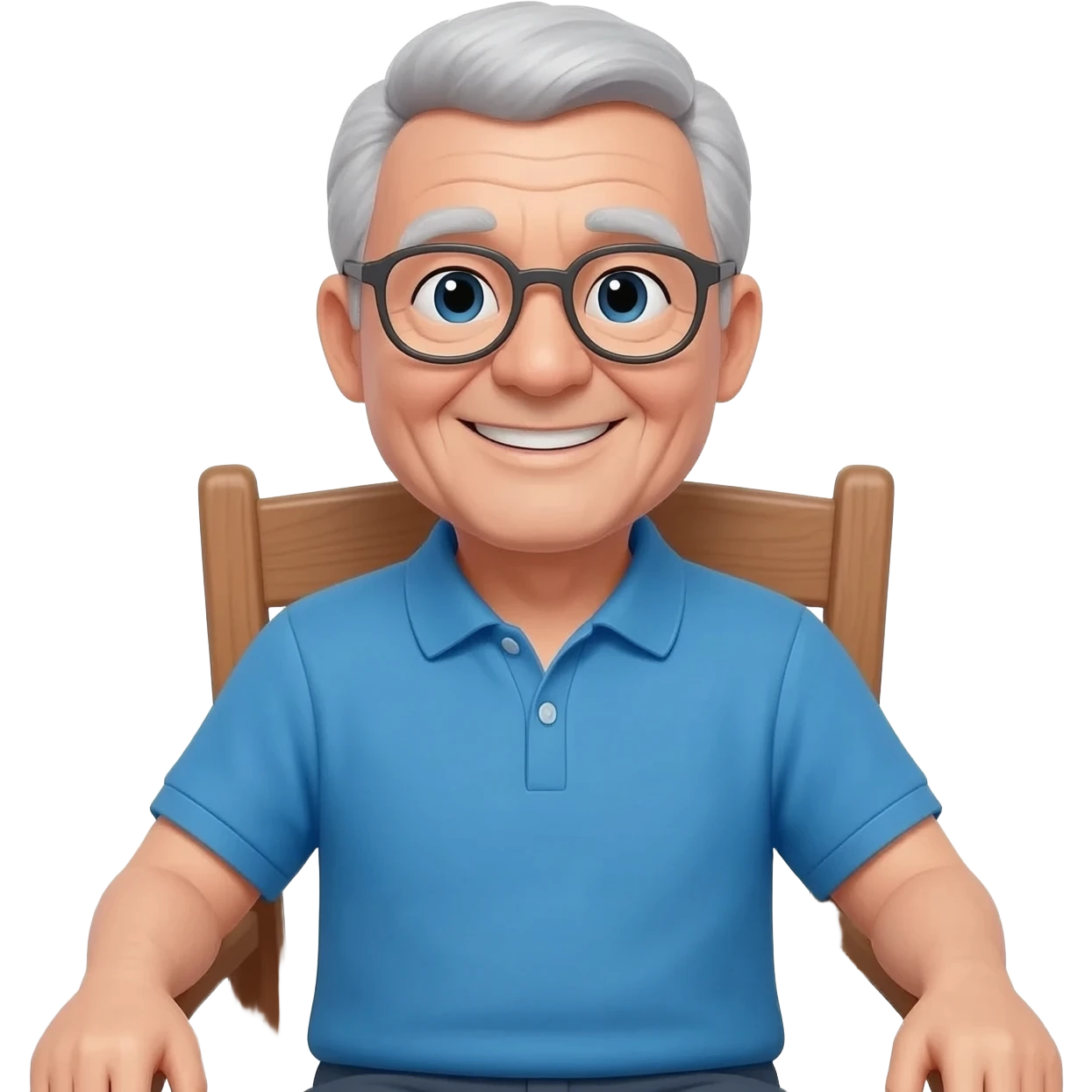 Create a clean emoji-style illustration of an older man with short gray hair and glasses, reclining in a chair, wearing a blue polo shirt. Round face, friendly relaxed expression, simple shapes, smooth shading, bright colors, Apple/iOS style emoji design, centered face, plain light background. emoji