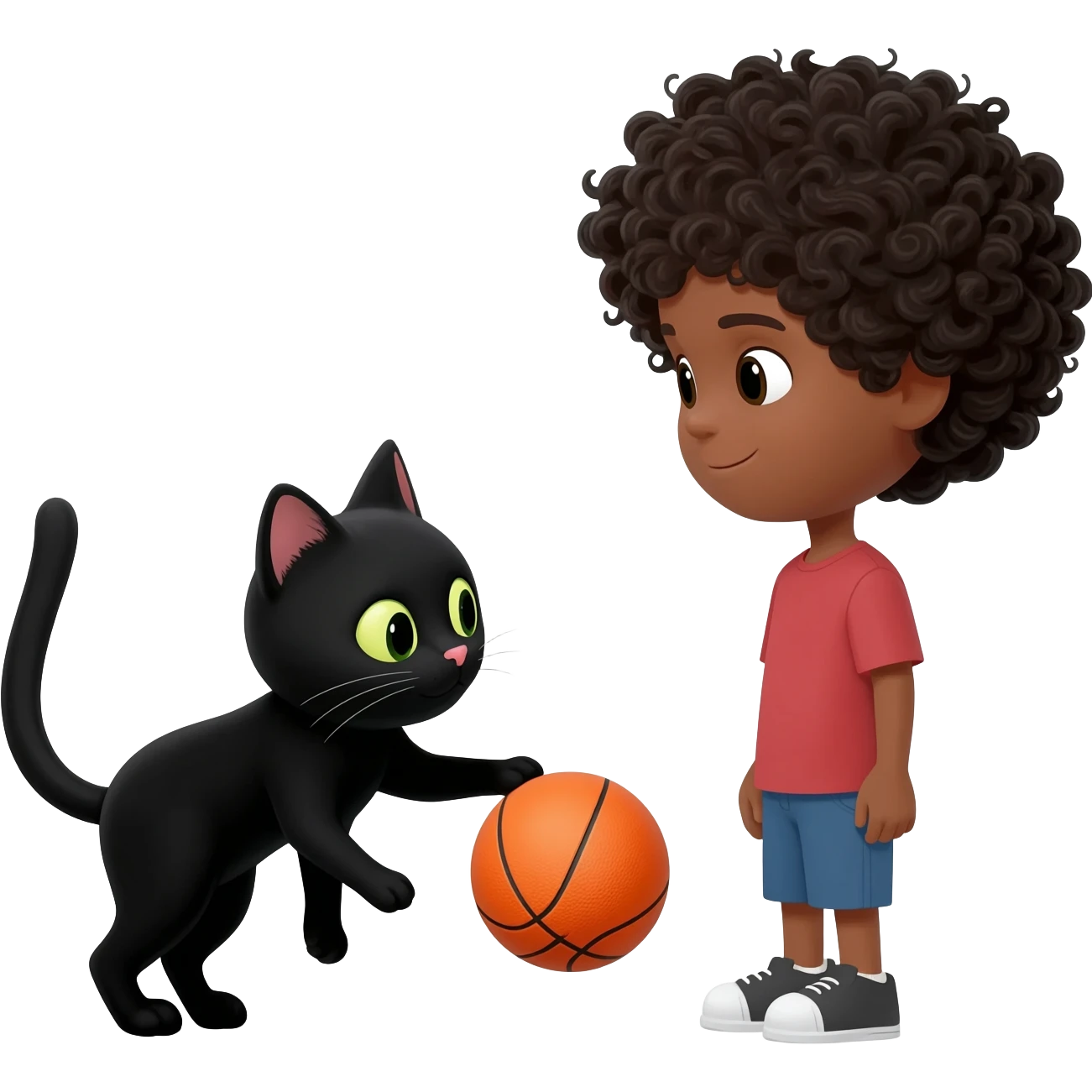 Black cat playing with orange basketball and a little boy with curly black hair emoji