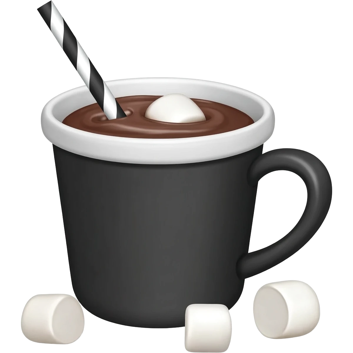 Black and white hot chocolate with 3 marshmallows on the ground and a black and white swirly straw sticking out of the drink emoji