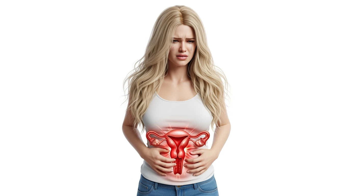 donna a figura intera con utero umano realistico in 3d in evidenza dolorante, espressione di dolore in volto, sfondo bianco, non farla computerizzata, ma iperrealistica 4k, sfondo bianco emoji