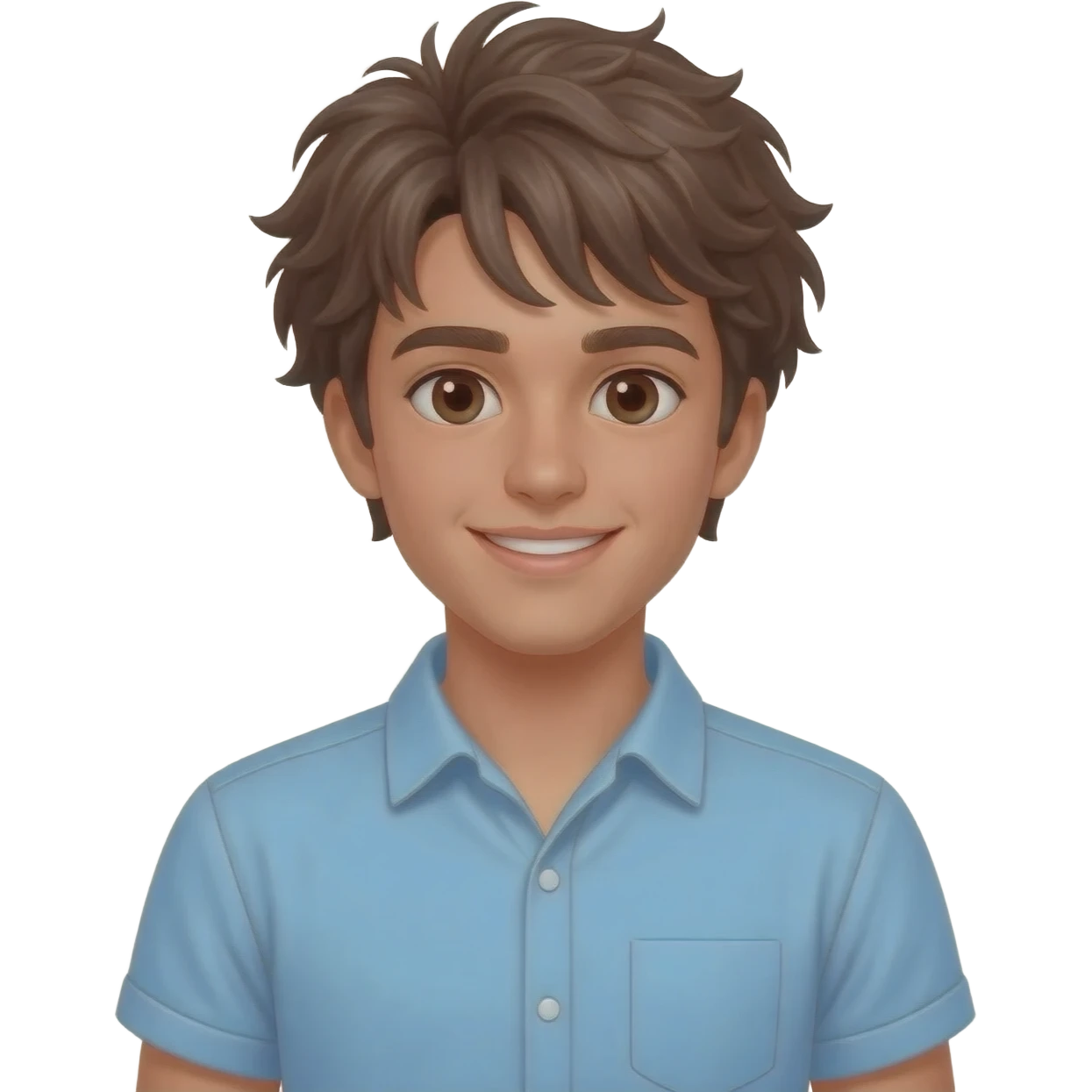 create an emoji of a teenage man, very very slightly tanned face, smile. he has an cool look, very messy brown hair, dark brown eyes, natural lips. he wears a short sleeve light blue emoji