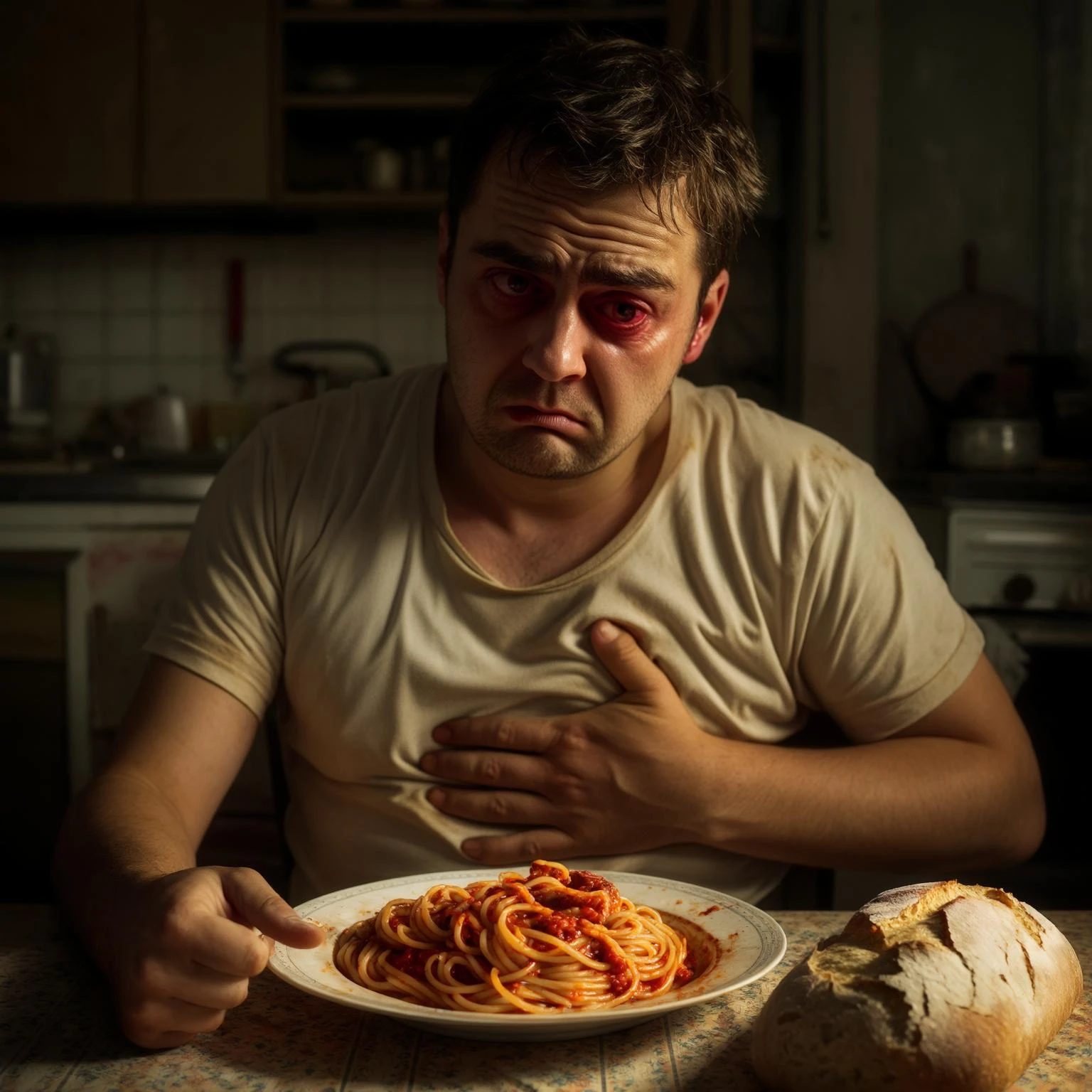 A man in his mid-30s sitting at a kitchen table with a plate of pasta and bread in front of him, looking uncomfortable and conflicted. His facial expression shows bloating, fatigue, and mild abdominal pain. One hand is on his stomach, the other hesitating to eat. emoji