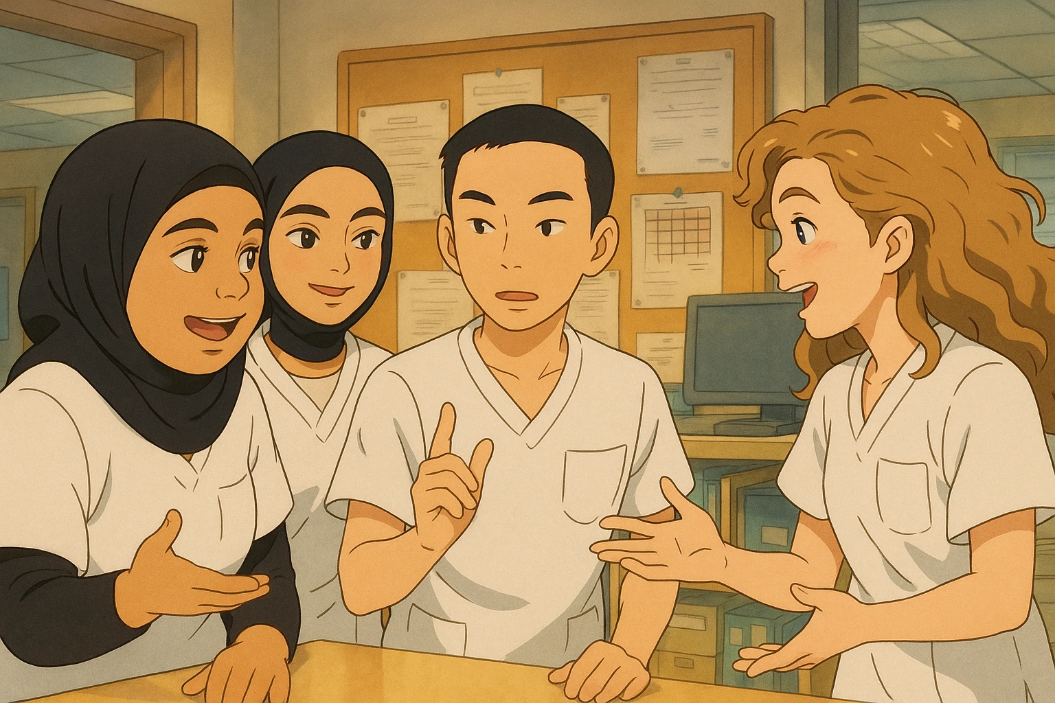 Four nursing students inspired by the four provided faces, in lively discussion in a care station, in Ghibli style. They wear short-sleeved white uniforms, medical tunics with V-neck and left chest pocket, no stethoscopes or clothing extending beyond sleeves. Dynamic scene of teamwork. emoji
