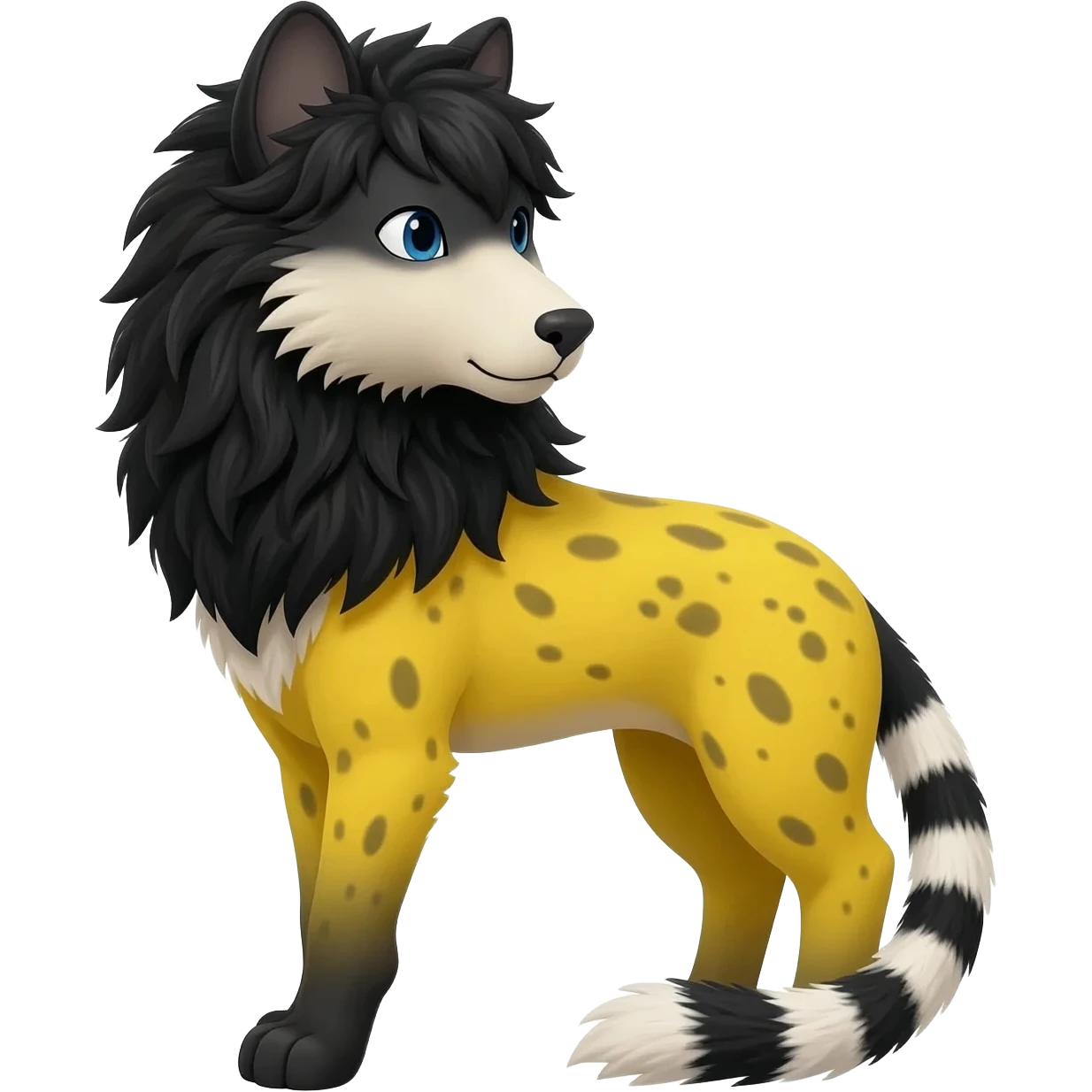  cool beautiful elegant spotted hype-realistic, black-maned, vibrant yellow Genet-Serval-Sergal-Margay-Fox-Wolf-fusion-hybrid-furry-fursona, black scruffy mane on back, long muzzle snout, full body, with a long puffy fluffy black-and-white-striped tail, black long big ears, with natural blue eyes emoji
