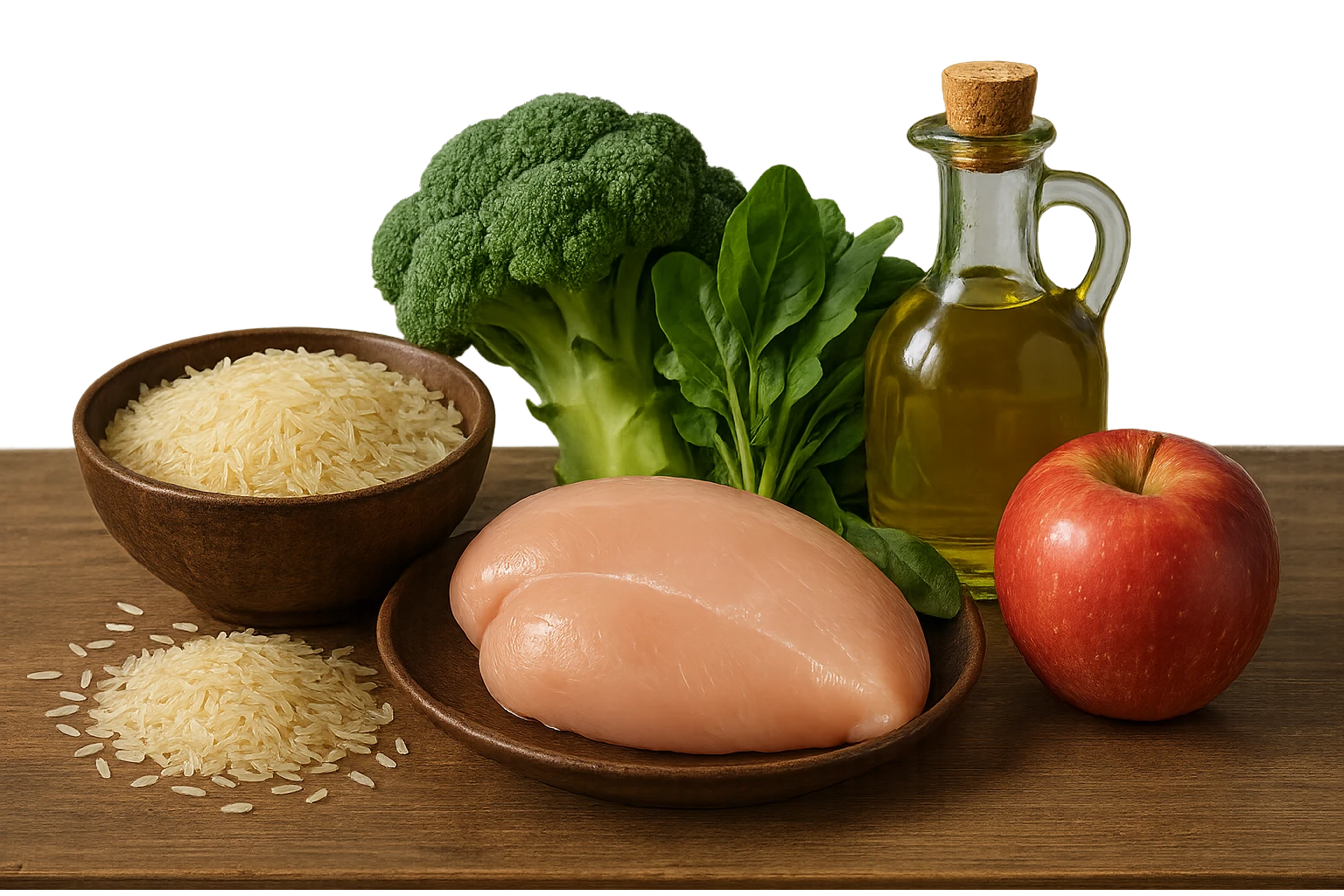 Riso basmati
Petto di pollo
Verdura fibrosa verde
Olio EVO
Mela
poggiati sul tavolo emoji