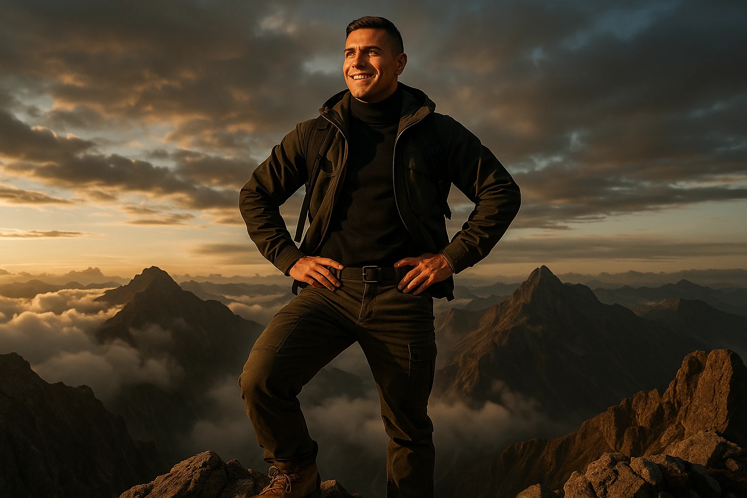 uomo che arriva in cima alla vetta accogliendo le sfide della vita e le supera senza paura, iperrealistica cinematografica 4k emoji