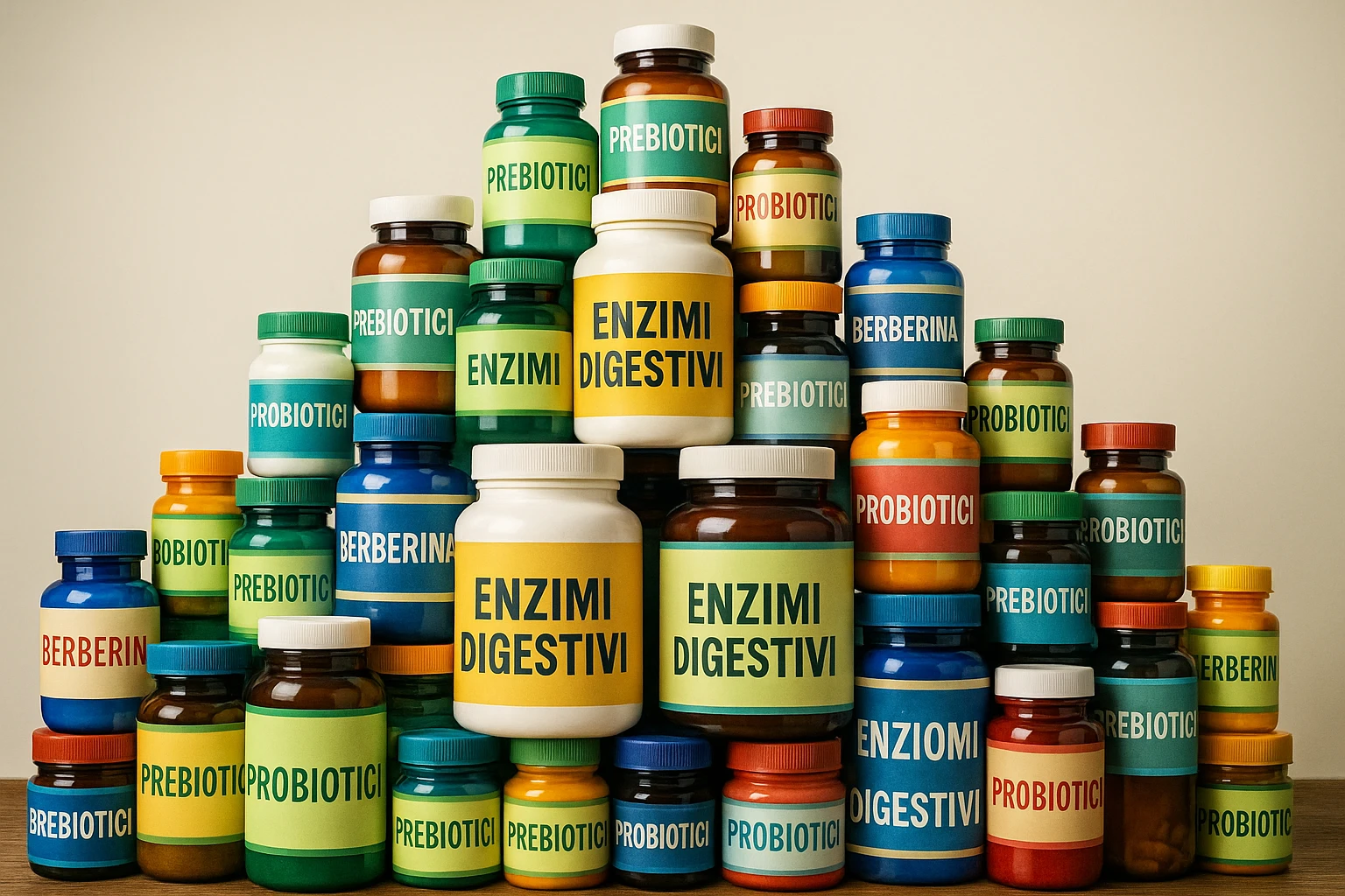 montagna di barattoli di integratori tipo "ENZIMI DIGESTIVI", "PREBIOTICI", "PROBIOTICI", "BERBERINA" con etichette in italiano emoji
