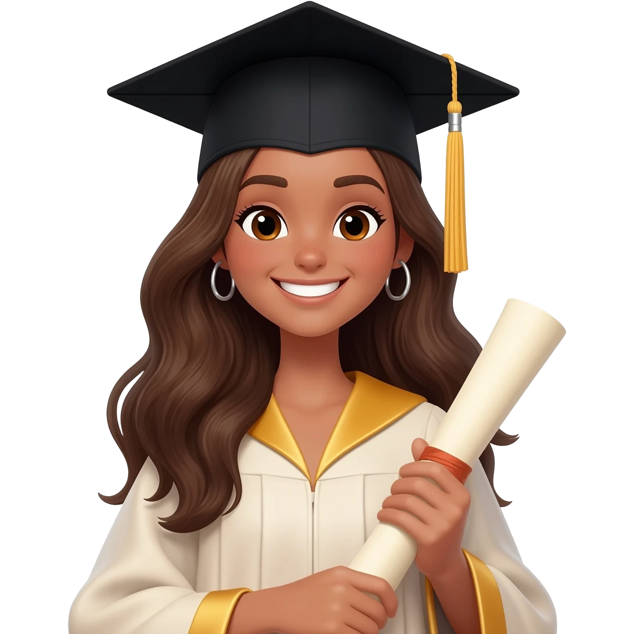 school graduation with a pretty female graduating student with long brown hair, brown eyes, big earrings and brown tan emoji