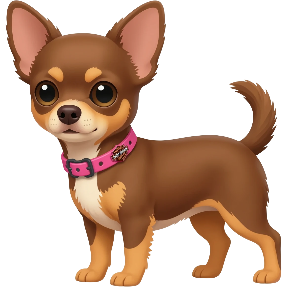 Little cute brown and tan applehead chihuahua with a pink Harley Davidson collar emoji
