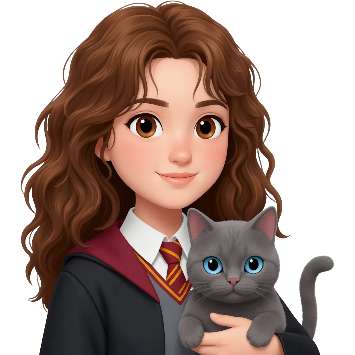 asian ravenclaw girl student with long brown messy wavy hair and brown eyes, holding a gray cat with blue eyes emoji