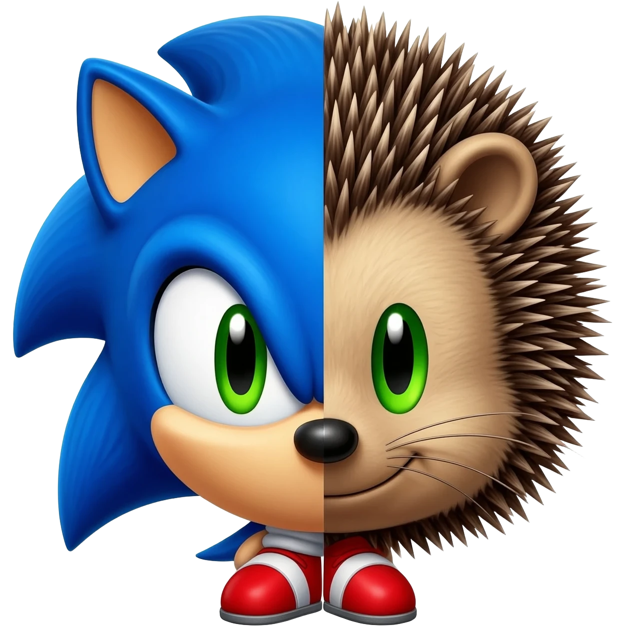 A split-face head, half Sonic the Hedgehog and half hedgehogs emoji