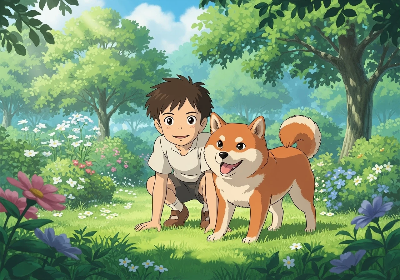 kid and his pet dog in studio ghibili style emoji