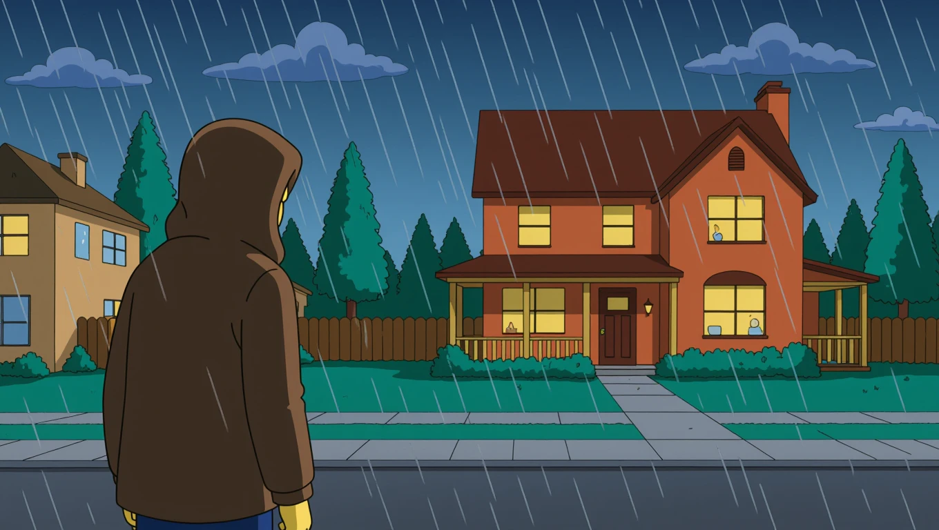 Springfield sous la pluie, la nuit. Une silhouette encapuchonnée observe la maison des Simpson. emoji