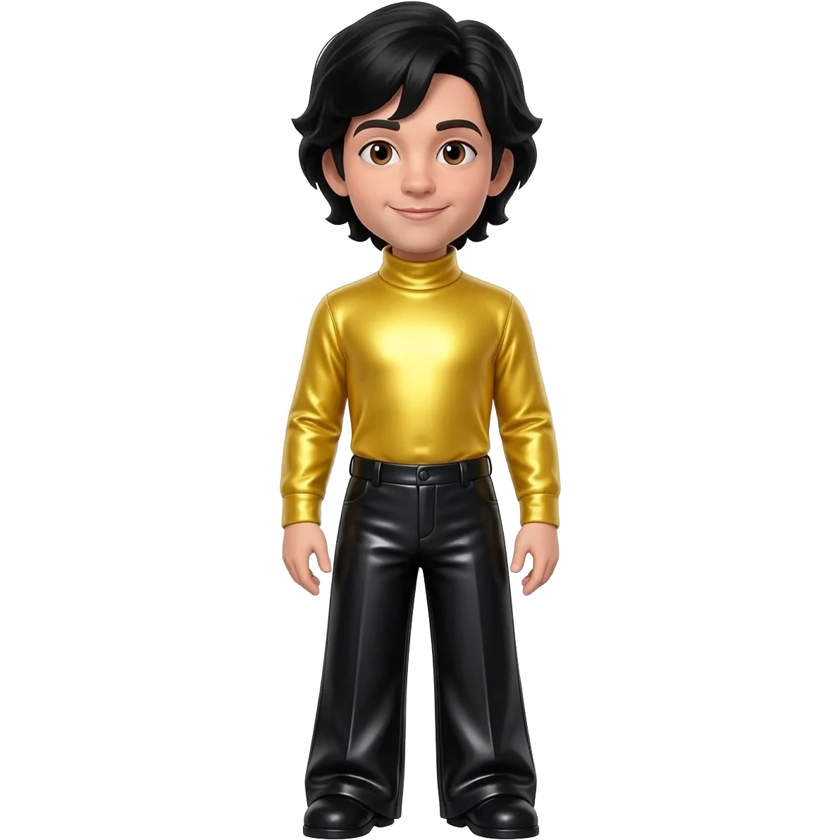 Greg Wiggle from The Wiggles with hazel eyes, black hair, yellow metallic turtleneck shirt, black metallic wide leg pants emoji