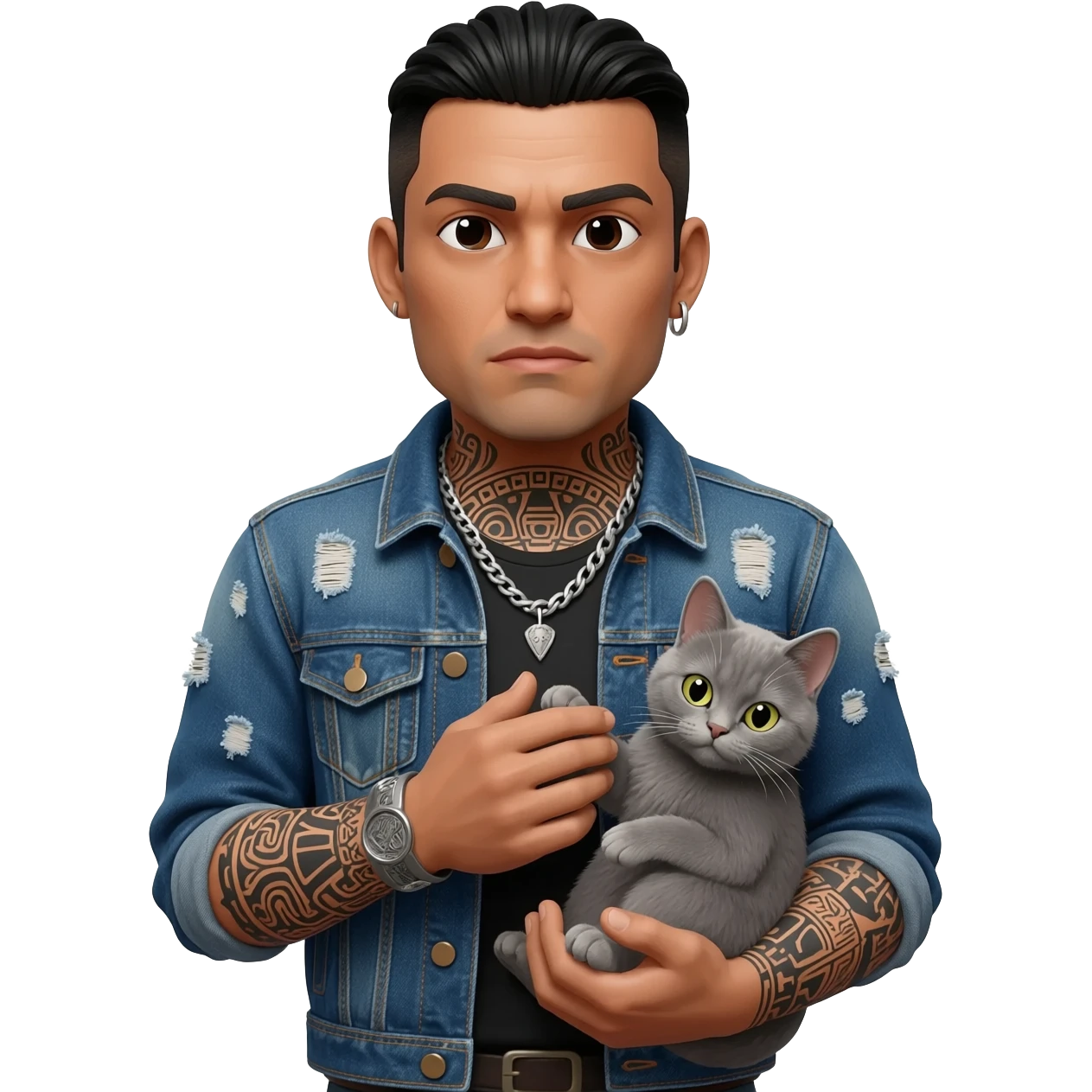 A Mexican thug with tatts holding a gray cat emoji
