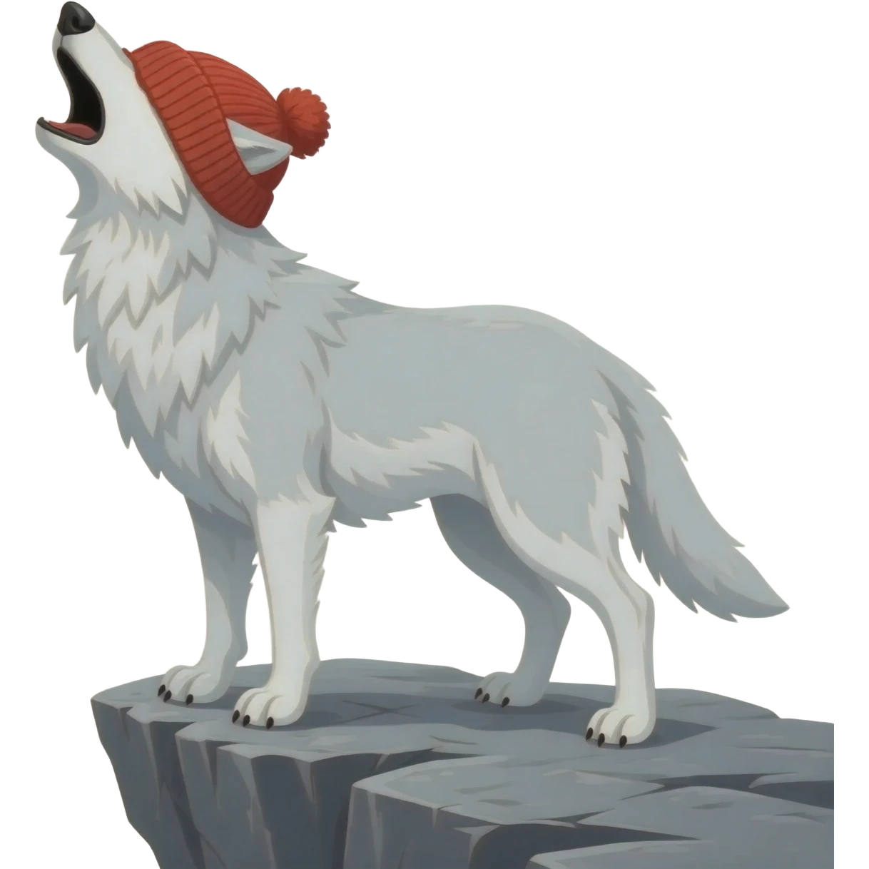 White wolf wif red knitted hat over head covering eyes standing on a rock cliff howling emoji