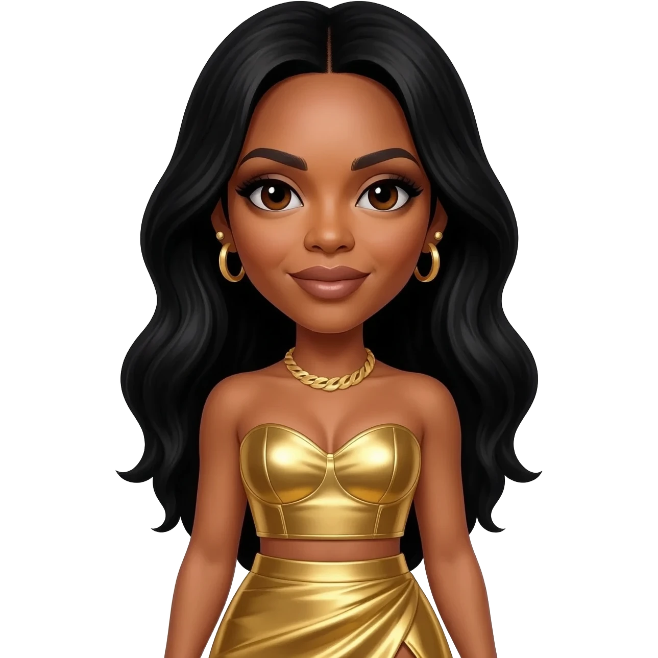 Kelly Rowland with dark brown eyes, long black hair, gold metallic sweetheart crop top, gold metallic asymmetrical skirt, gold necklace and short earrings emoji