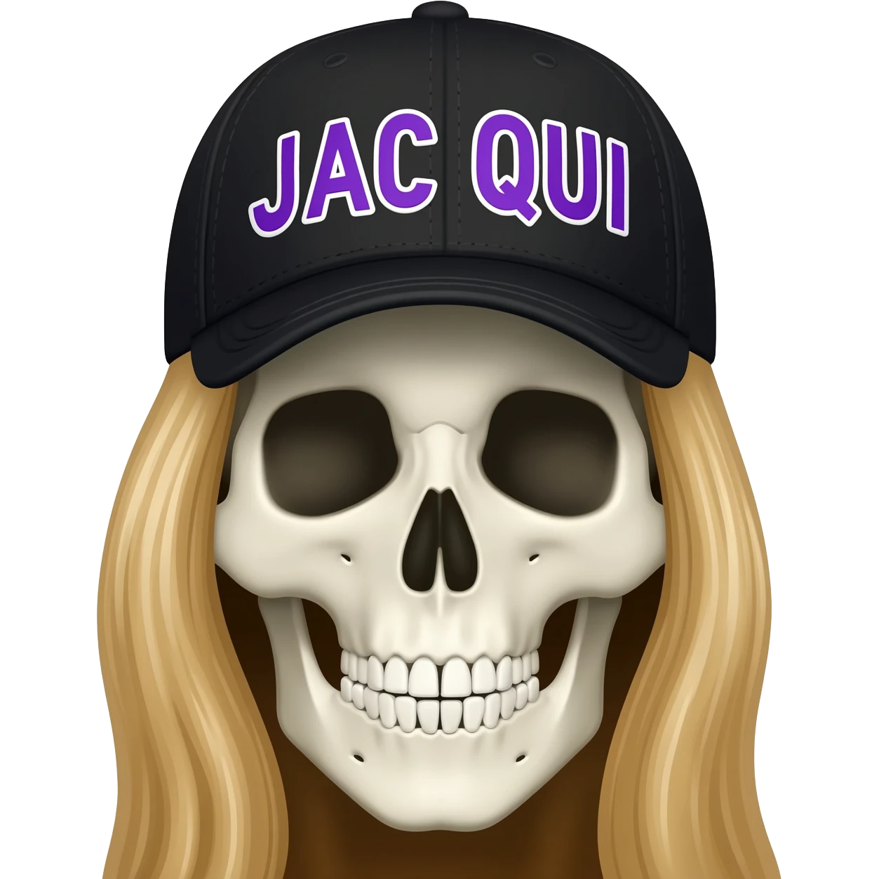 Create a skeleton head wearing a black baseball cap that says " J A C Q U I " in purple, and white lettering, with long blonde hair emoji