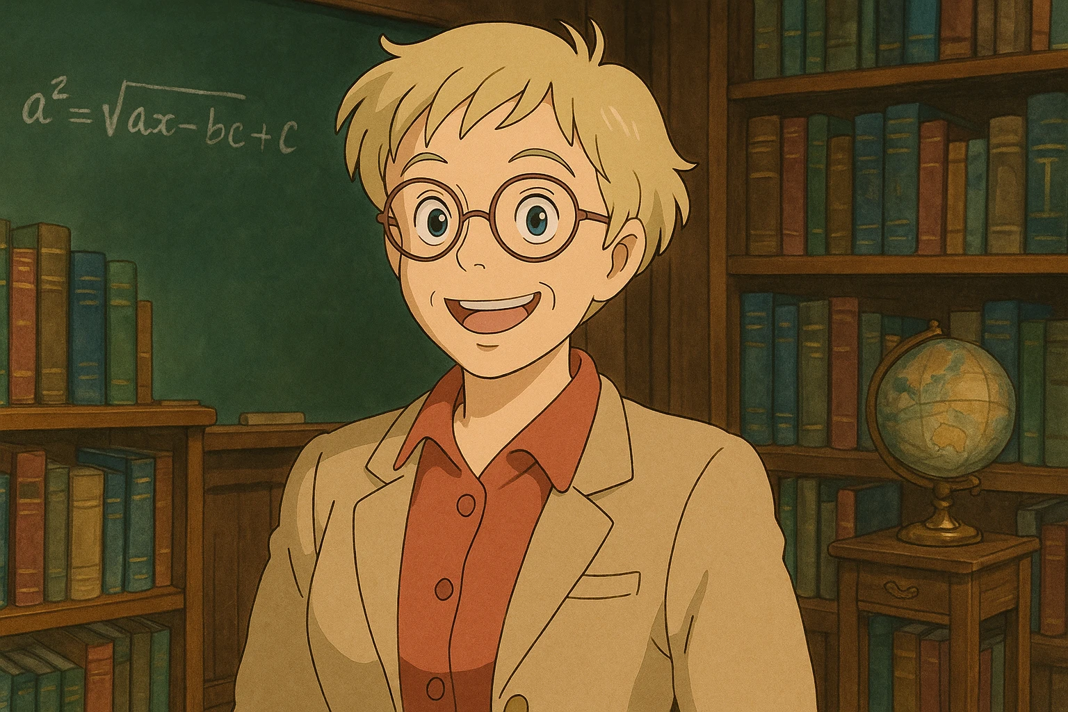 Mujer profesora rubia, pelo corto, gafas redondas, sonrisa amplia, estilo ghibli emoji
