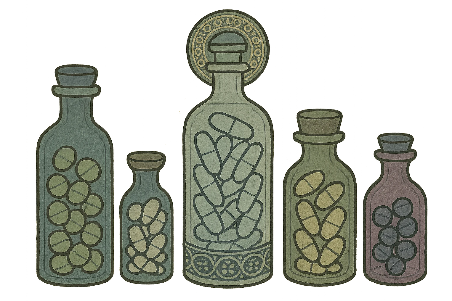 glass Bottles of medicine pills all of different colours emoji